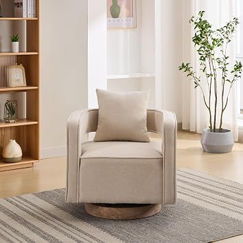 360 Swivel Accent Chair, 29" Wide Modern Open Back Club Chair with Solid Wood Base & Linen Fabric, Comfortable Armchair for Living Room, Bedroom, Office, Hotel Lounge Beige
