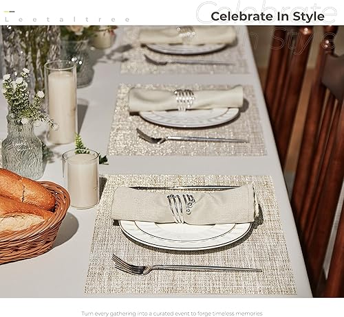 Miniatura 3 de Leetaltree Juego de 6 manteles individuales de lujo tejidos beige y dorado, impermeables, lavables, texturizados, para bodas, aniversarios, uso