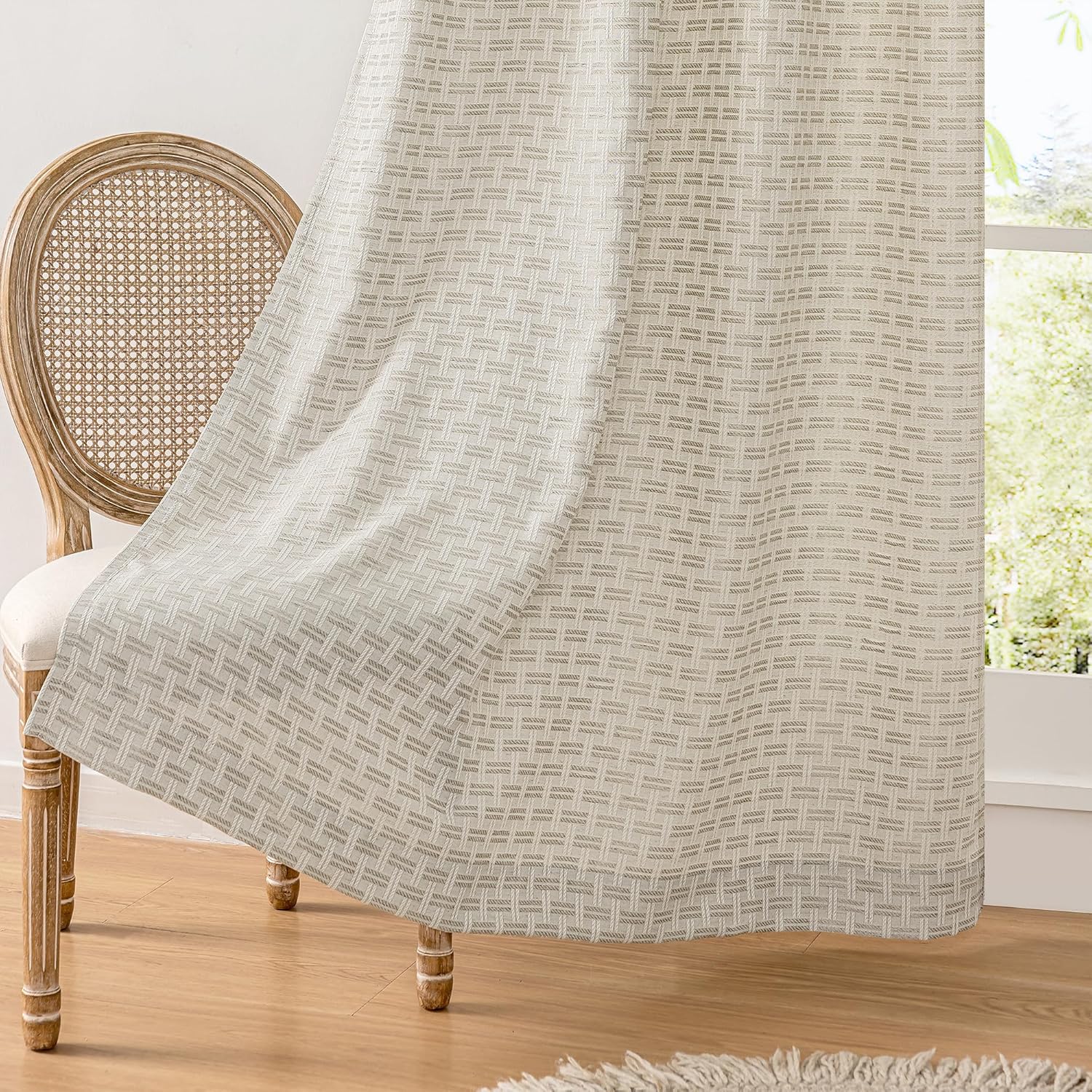 ChrisDowa Semi Sheer Natural Linen Curtains 84 Inches Long 2 Panels for Living Room Dining Room Plaid Patterned Light Filtering Voile Grommet Window Treatments Drapes Privacy Assured,52X84