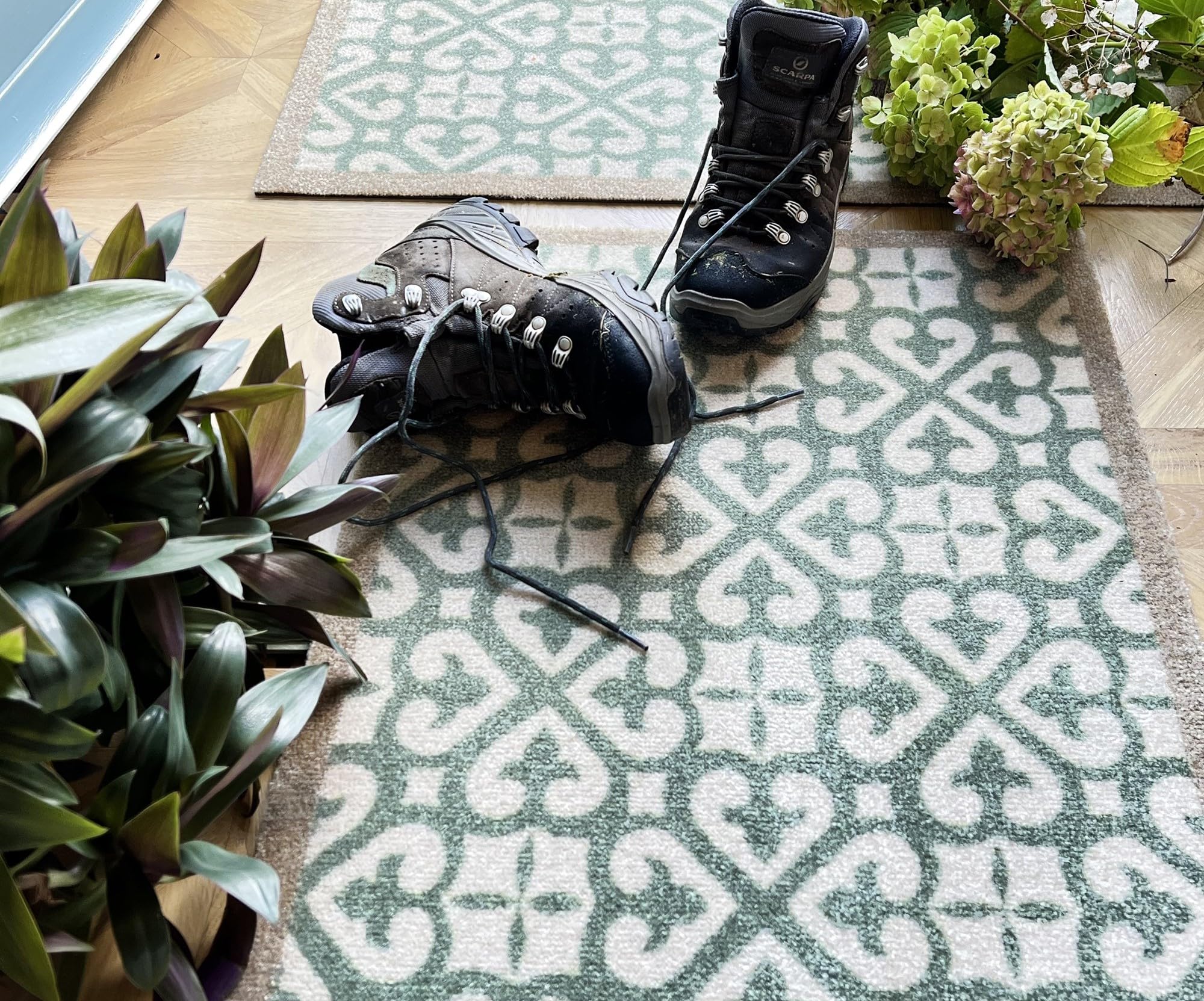Lord of Rugs Washable Entryway Non-Slip Mat for Home Entrance Rug, Hallway Runner, Bathroom or Kitchen Easy Clean Durable Absorbent Stain Resistant Mud Mat (Harlequin Tile Green, 50 x 150 cm (2'x5')) — image 1