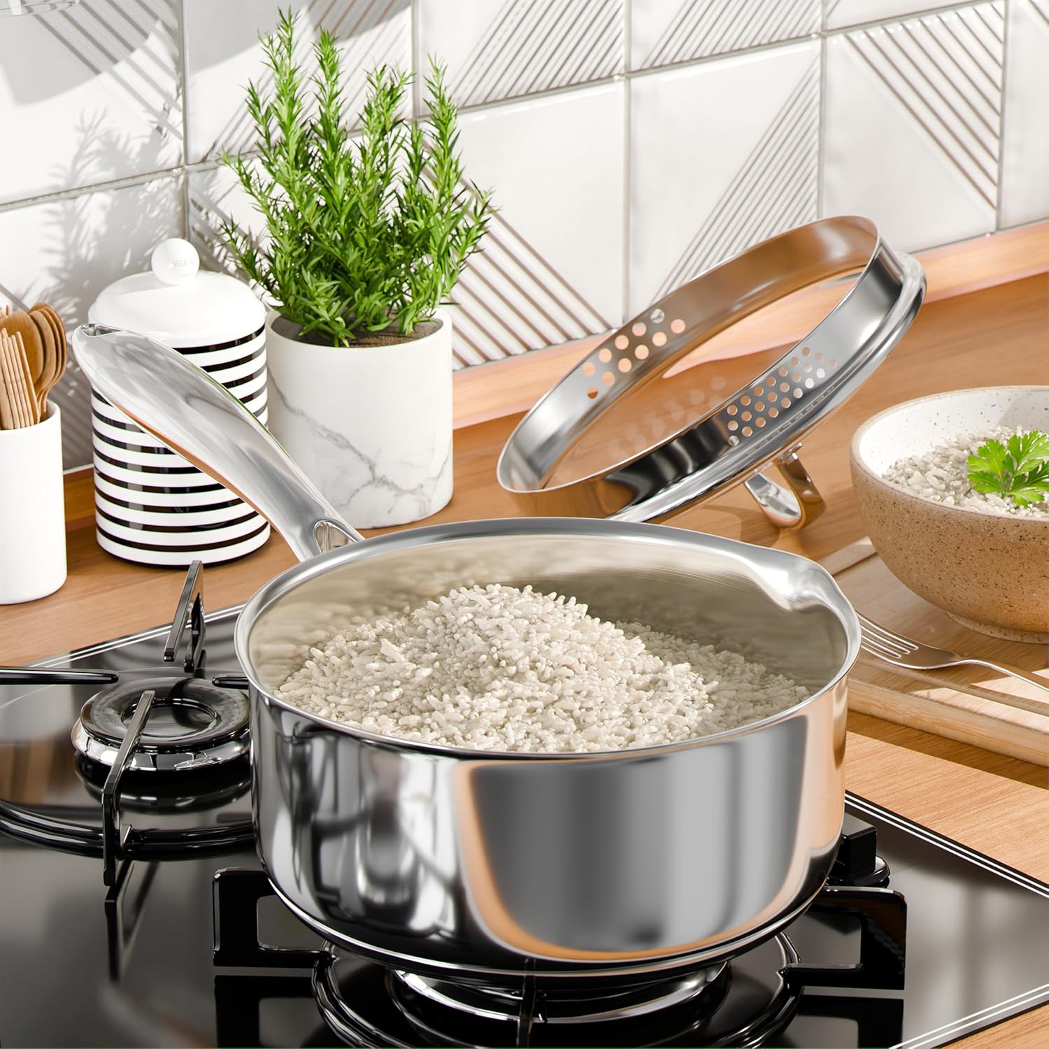 Stainless Steel Saucepan Set with Strainer Glass Lid, 1-Quart and 2-Quart Tri-Ply Capsule Bottom Sauce Pan/Pot, Two Pour Spout, Dishwasher and Oven Safe