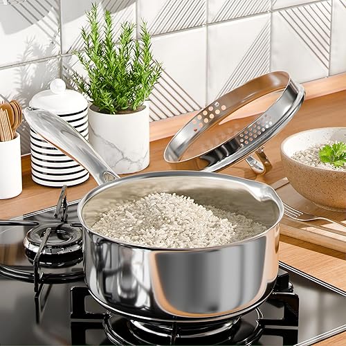 Miniatura 2 de Juego de cacerolas de acero inoxidable con tapa de vidrio colador, 1 cuarto de galón y 2 cuartos de galón de triple capa inferior de cápsulaolla,