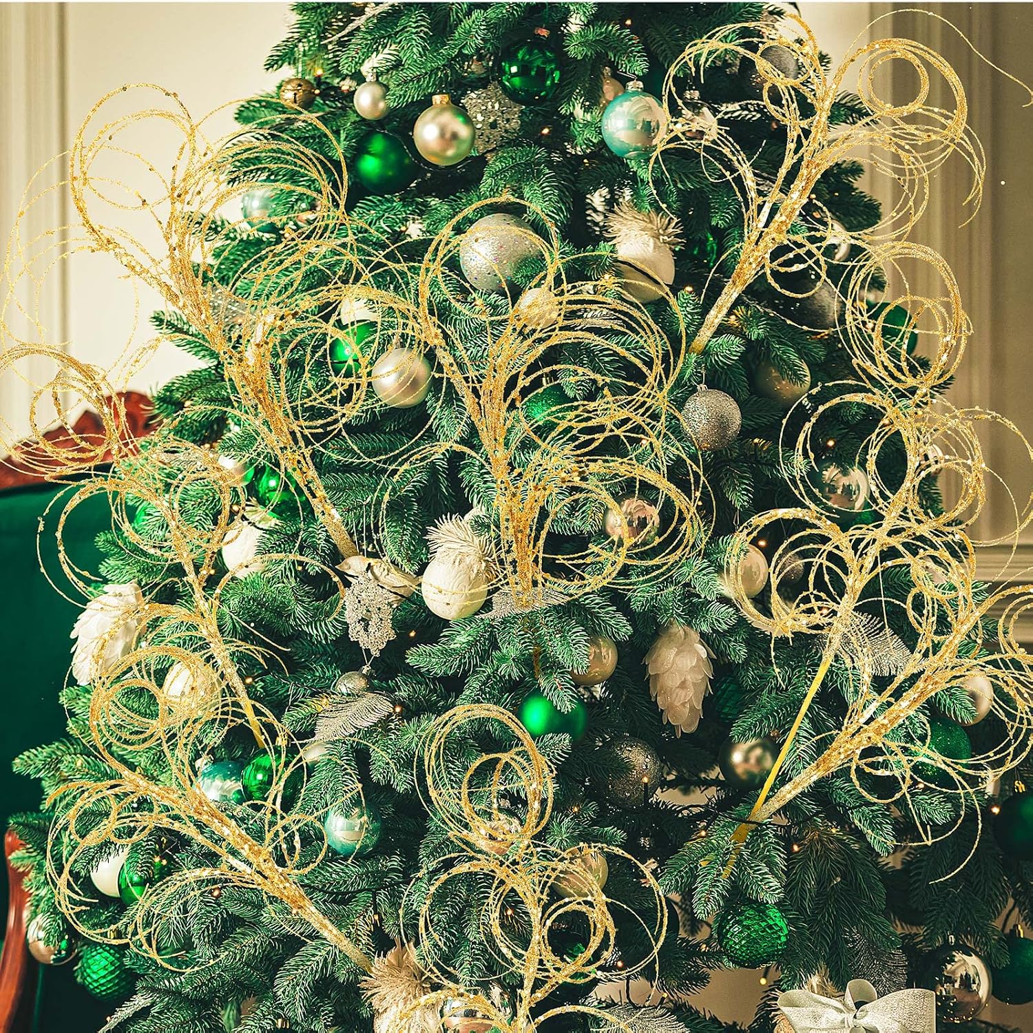 Yinder 18.5'' Glitter Curly Christmas Spray Wispy Christmas Picks Artificial Curly Twigs Branches for Vases Glitter Branches for Xmas Tree Vases Wreath Garland Banquet Decoration, 5 Pieces(Gold)
