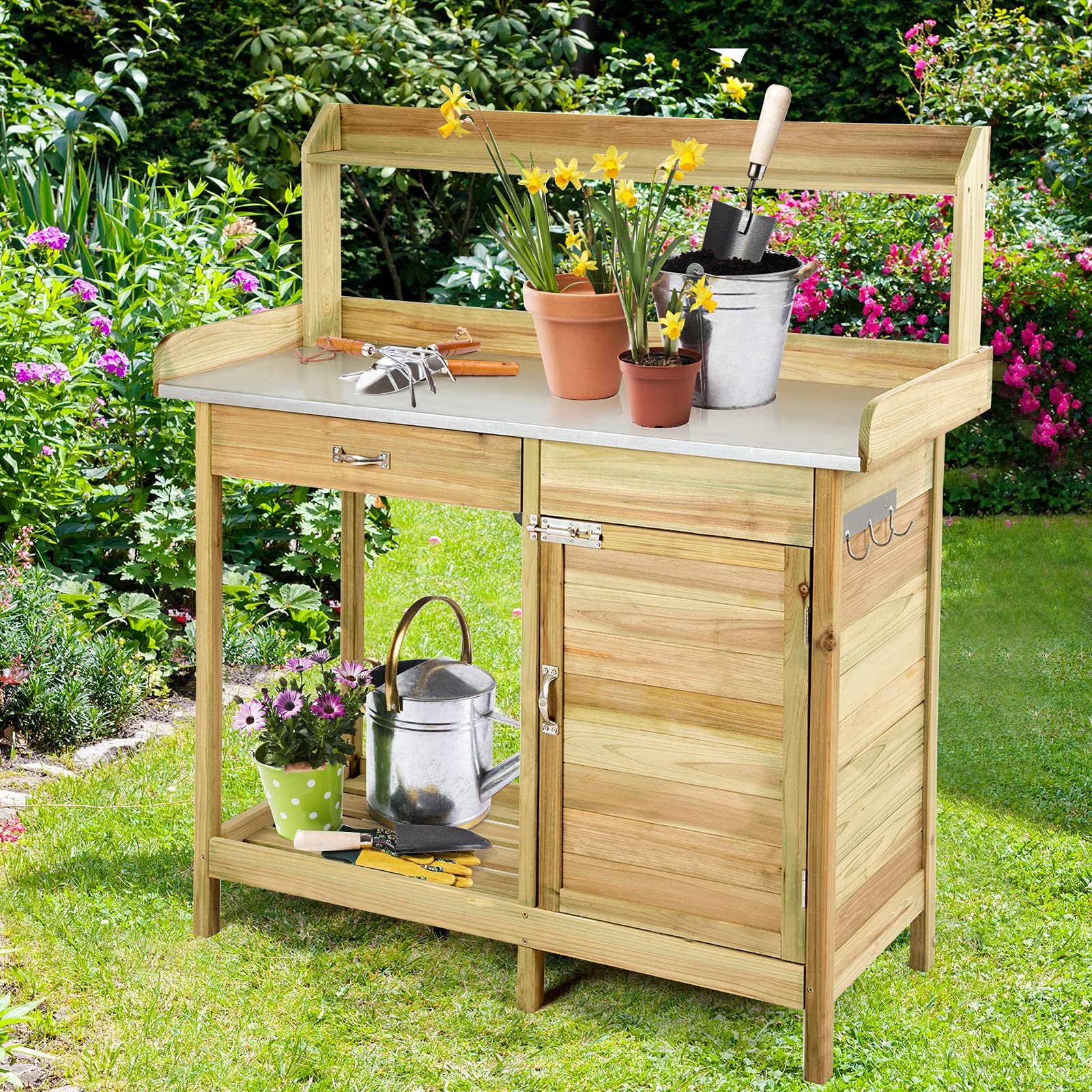 GOPLUS Mesa de Jardinería de Madera de Abeto, Mesa de Plantación con Cajón, Estante Abierto y 3 Ganchos, Banco de Trabajo para Jardín Exterior, Terraza, Patio, 112 x 46 x 125 cm, Natural