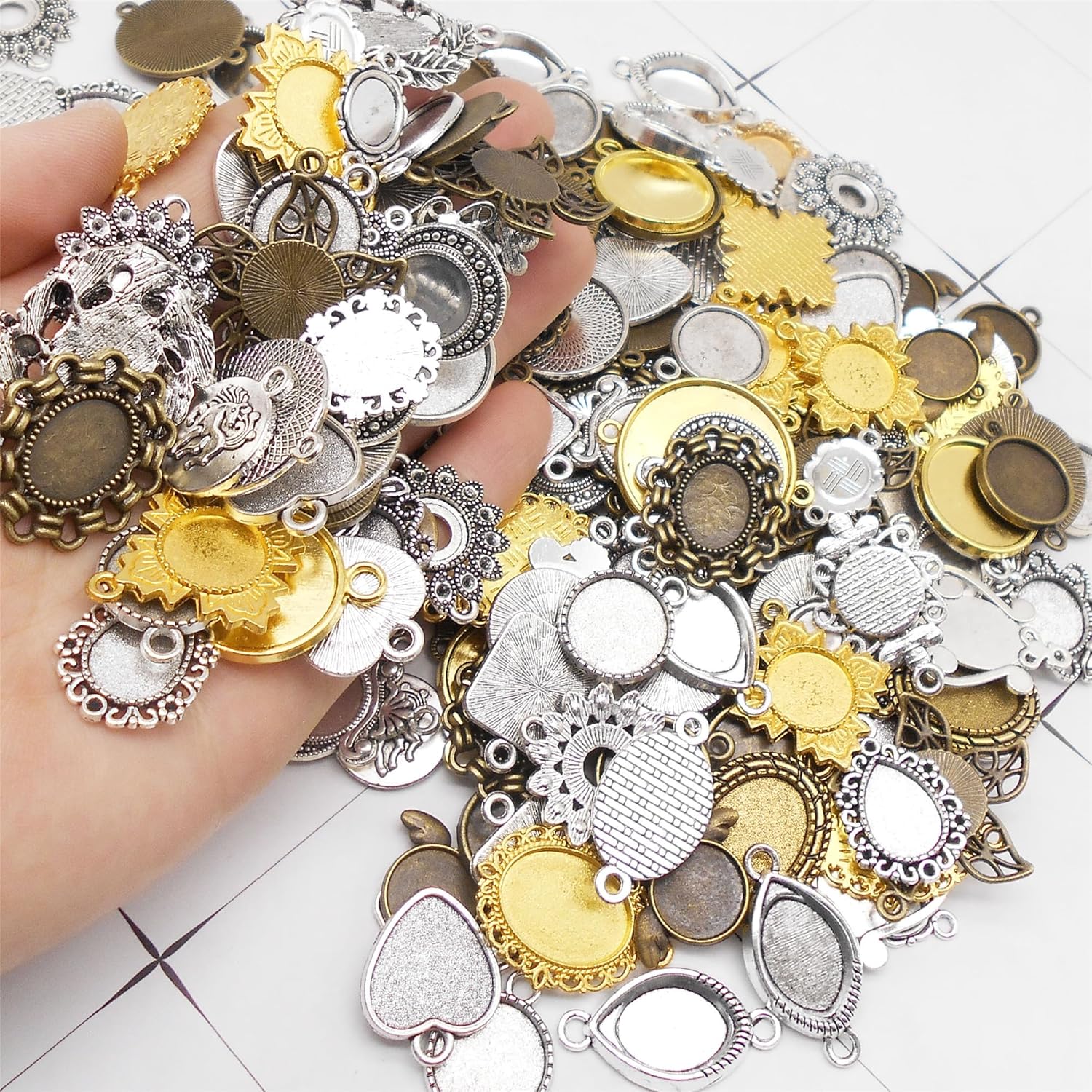 Assorted 60 Pieces Mini Size Blank Bezel Pendant Trays Antique Bronze Silver Golden 0.4-1.6 inches Alloy Cameo Setting for DIY Jewelry Making - Image 2