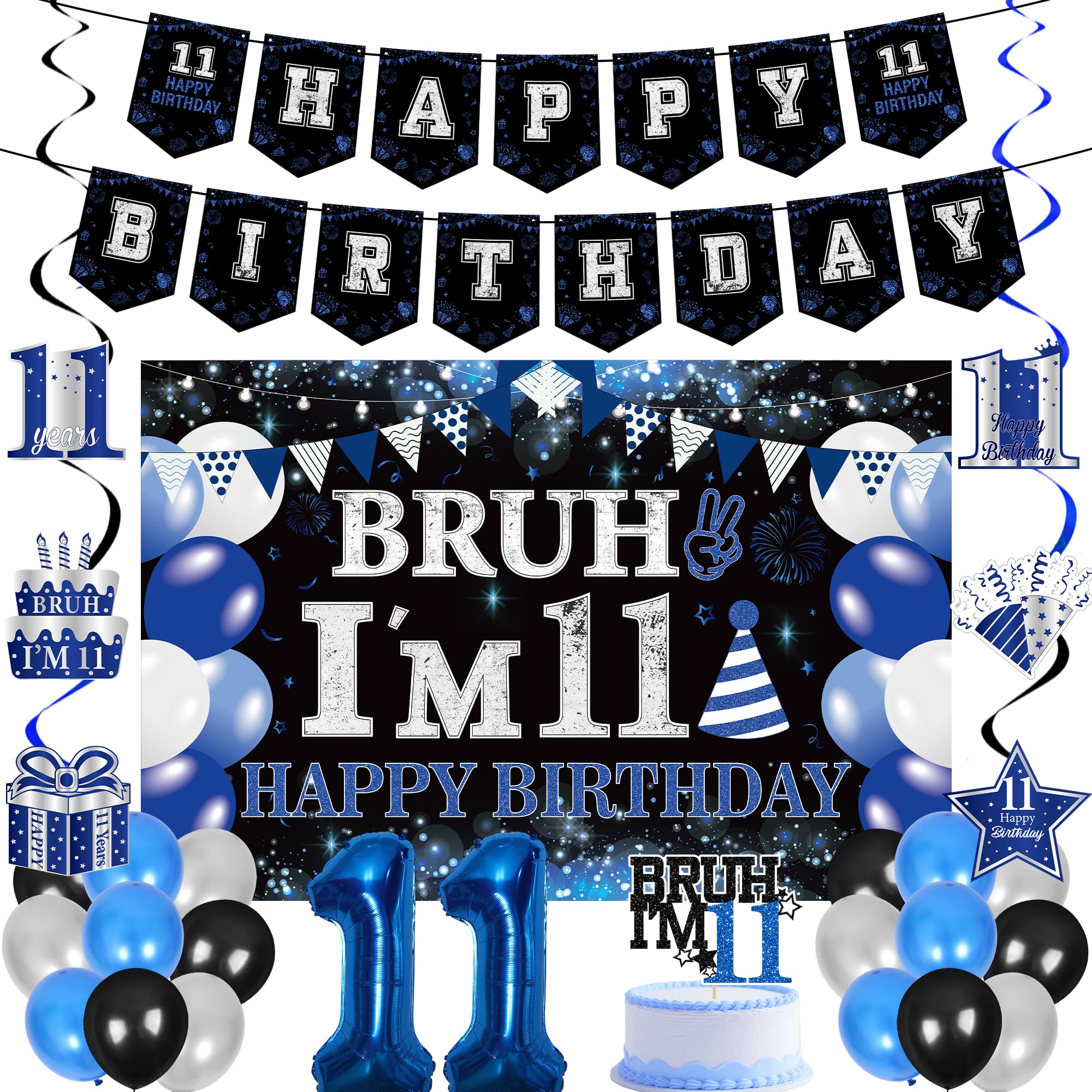 11th Birthday Decorations Banners Boys - 30 Pcs Black and Blue Happy Birthday Banner Set Bruh I'M 11 Background Curtain Number Foil Balloons Cake Topper Hanging Swirls for 11 Years Old Boy Party Decor โ image 1