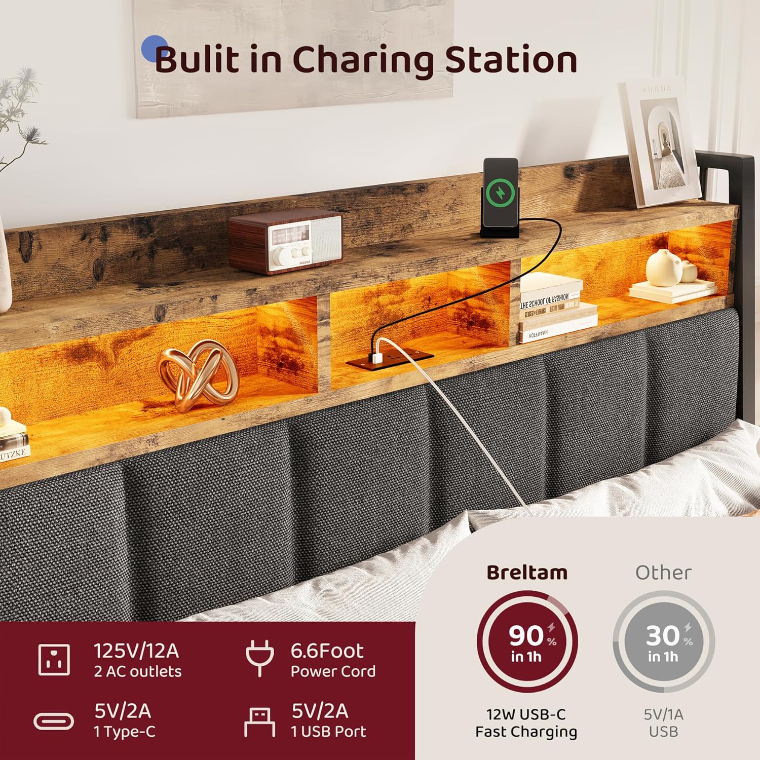 BRELTAM Queen Bed Frame with Storage Drawers Upholstered Bed with 2-Tier Storage Headboard and LED Light&Charging Station,Metal Platform Bed Frame Queen Size,No Box Spring Needed,Vintage Brown