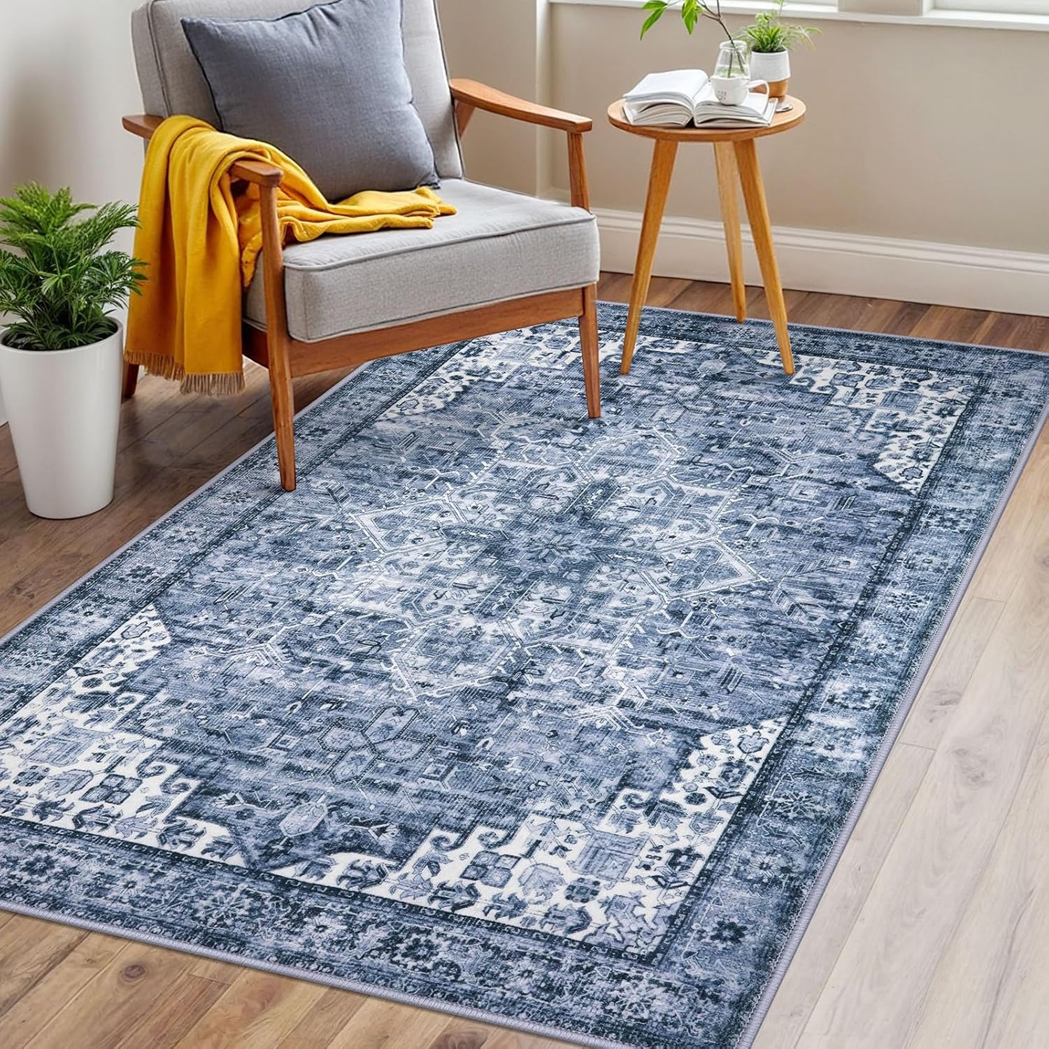 3x5 Washable Area Rug for Entryway, Blue Soft Medallion Printed Rug with Non-Slip, Low-Pile Vintage Boho Area Rugs for Living Room Bedroom Dining, Dorm Carpet with Non-Shedding