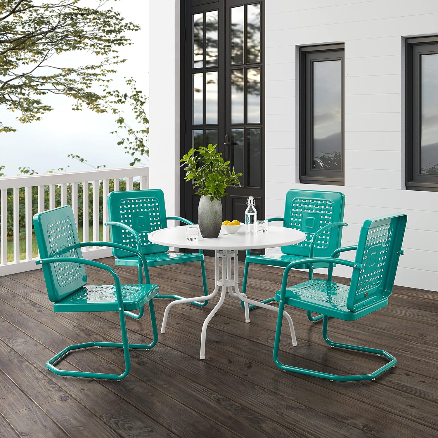 Crosley Furniture Bates 5-Piece Outdoor Dining Set for 4, Retro Metal Round Patio Table and Chairs for Deck, Turquoise Gloss