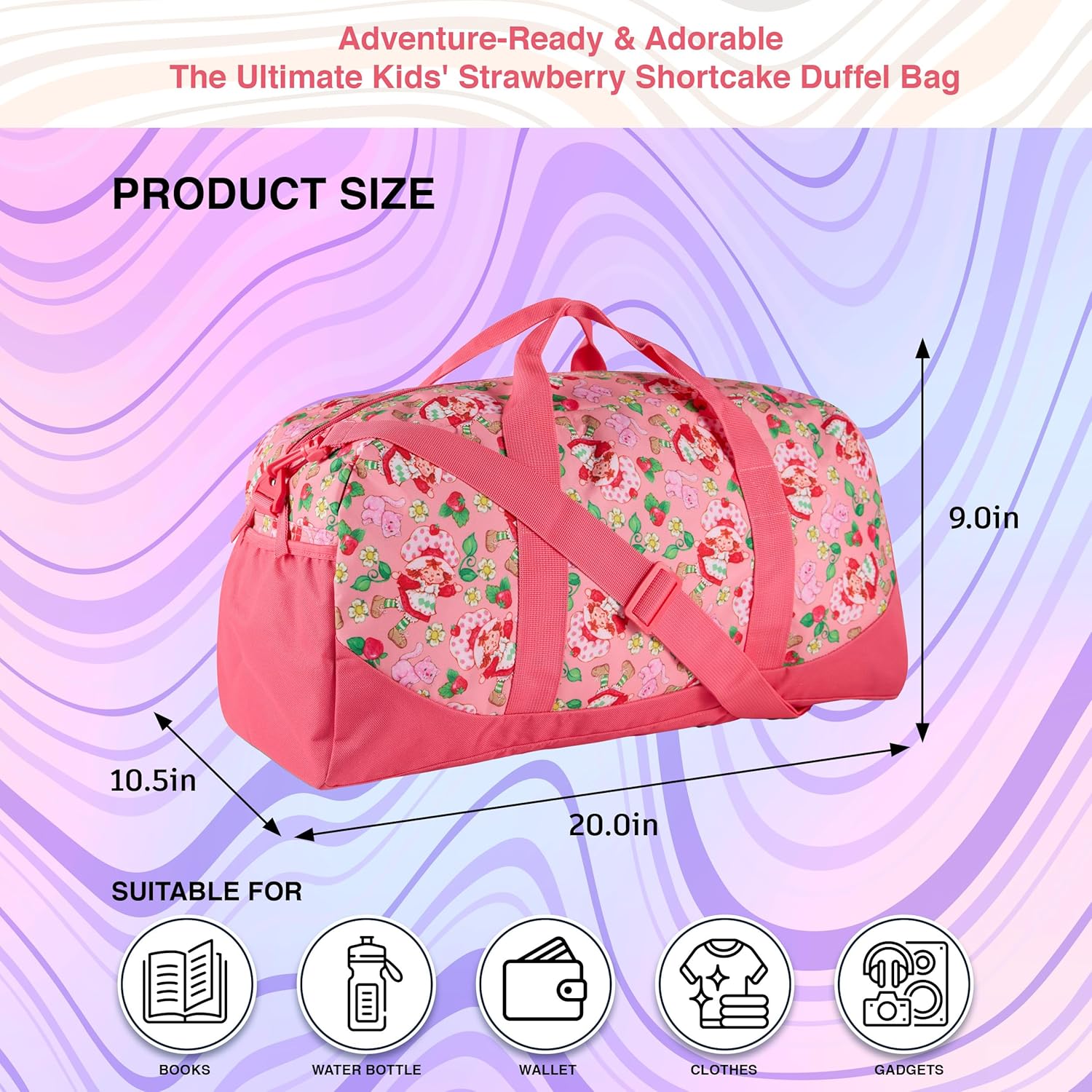 Strawberry Shortcake Duffle Bag, 16 inch Travel Sleepover Weekender Bag for Girls, Pink Dance Bag