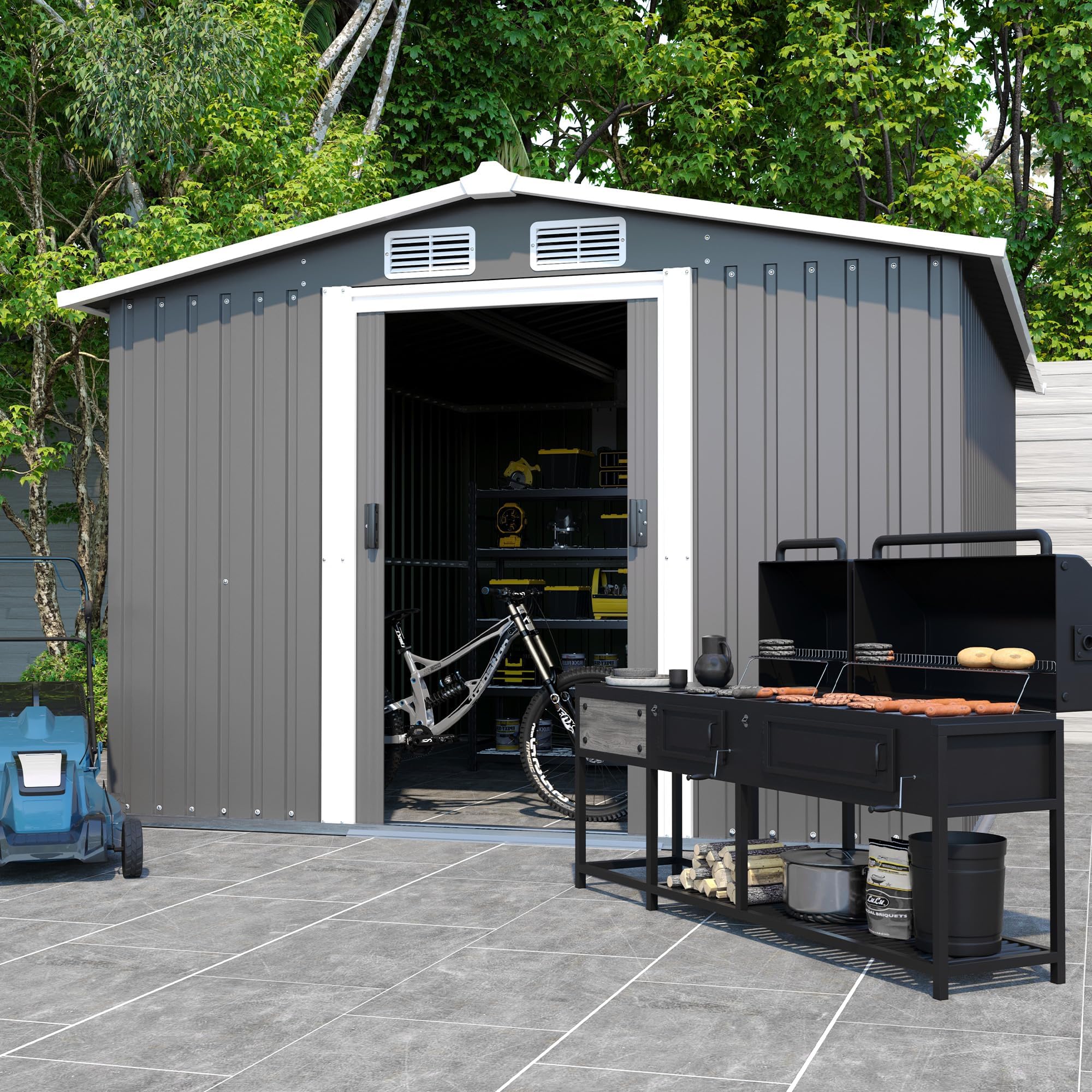 10X8 FT Outdoor Storage Shed Clearance, Metal Foundation Anti-Corrosion Utility Tool House with Lockable Door & Shutter Vents, Waterproof Storage Garden Shed for Backyard Lawn Patio