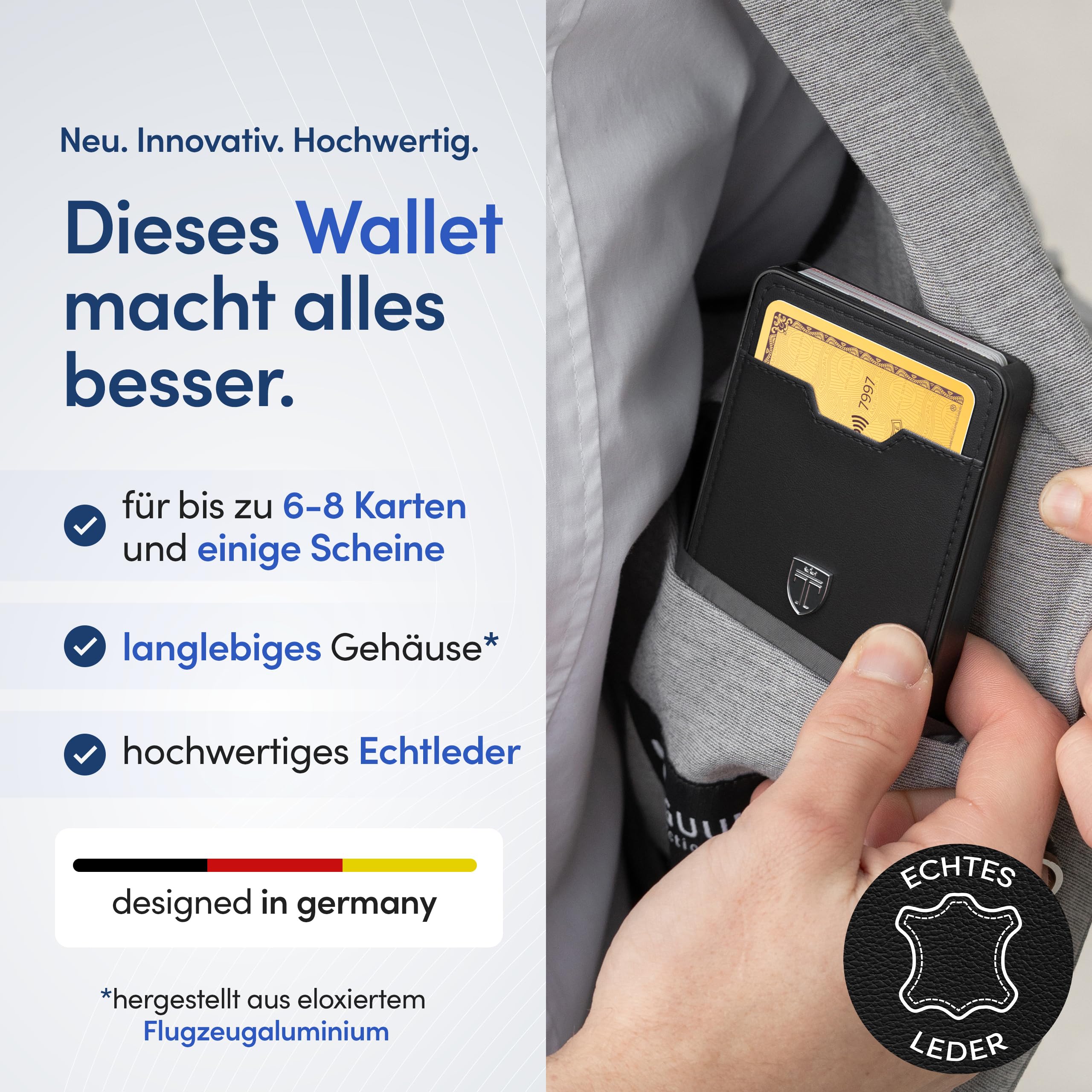 TRAVANDO SWYPE Echtleder Aluminium Pop-Up Wallet für 6-7 Karten - Geldbörse für Herren mit RFID Schutz - Geldbeutel mit Geldfach - Kartenetui mit Geldstasche - inklusive Geschenkbox (6-7 Karten)