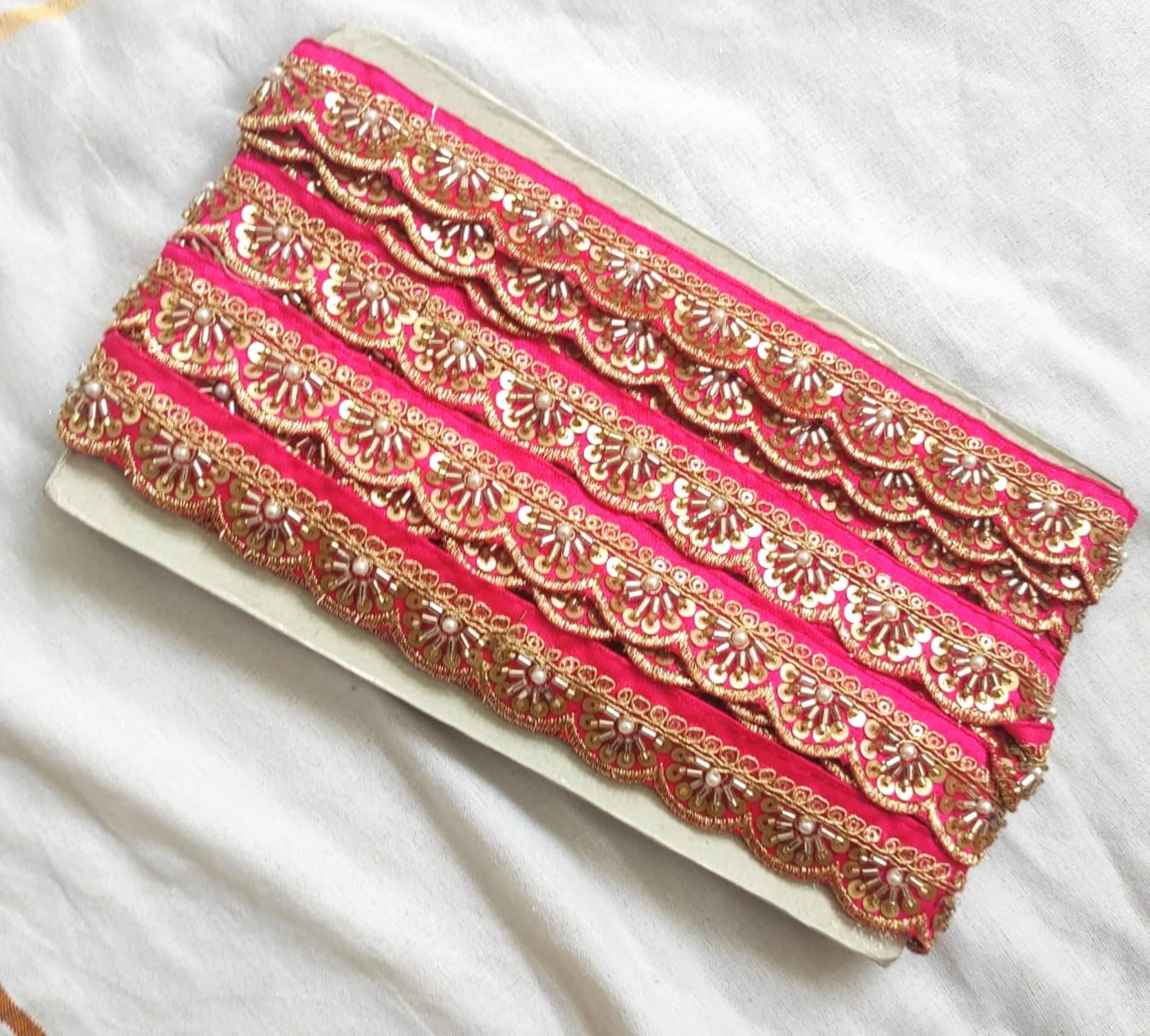 - Brand STRI COLLECTIONS Sequence and Golden Embroidery Heavy Work Trim Lace Border Falls for Saree, Kurti, Dresses, Bandhani, Lehenga, Decorative Design Ribbon. (3 cm Width, 9 Meter) (Pink)