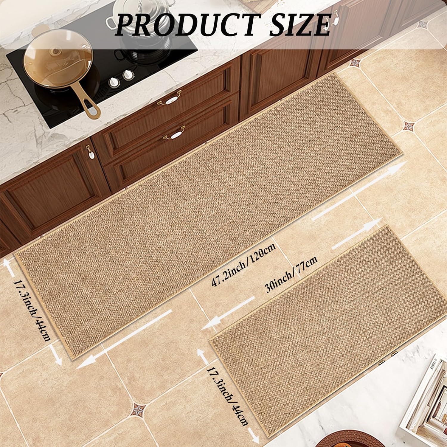 Artnice Kitchen Mat Set of 2, Non Slip Kitchen Rug and Floor Mat, Rubber Backing Absorbent Runner Standing Mat for Kitchen, Hallway, Laundry (Beige, 17.3"x47"+17.3"x30")
