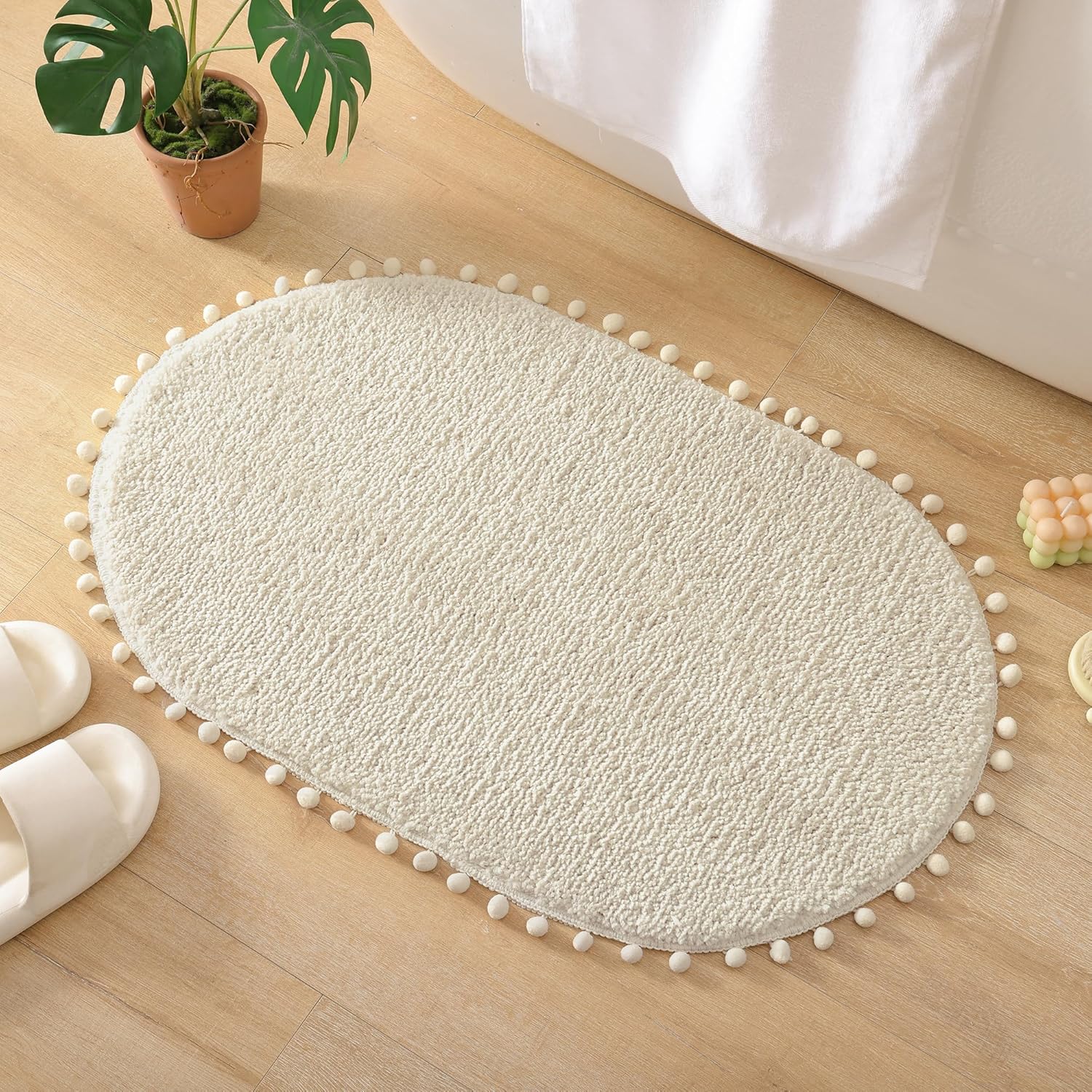 YIRDDEO Oval Bathroom Rugs Beige Rug with Pom Cream Bath Mat for Bedroom Non Slip Cute Boho Absorbent Mats Soft Plush Washable Rug (20x30 inches) - Image 6