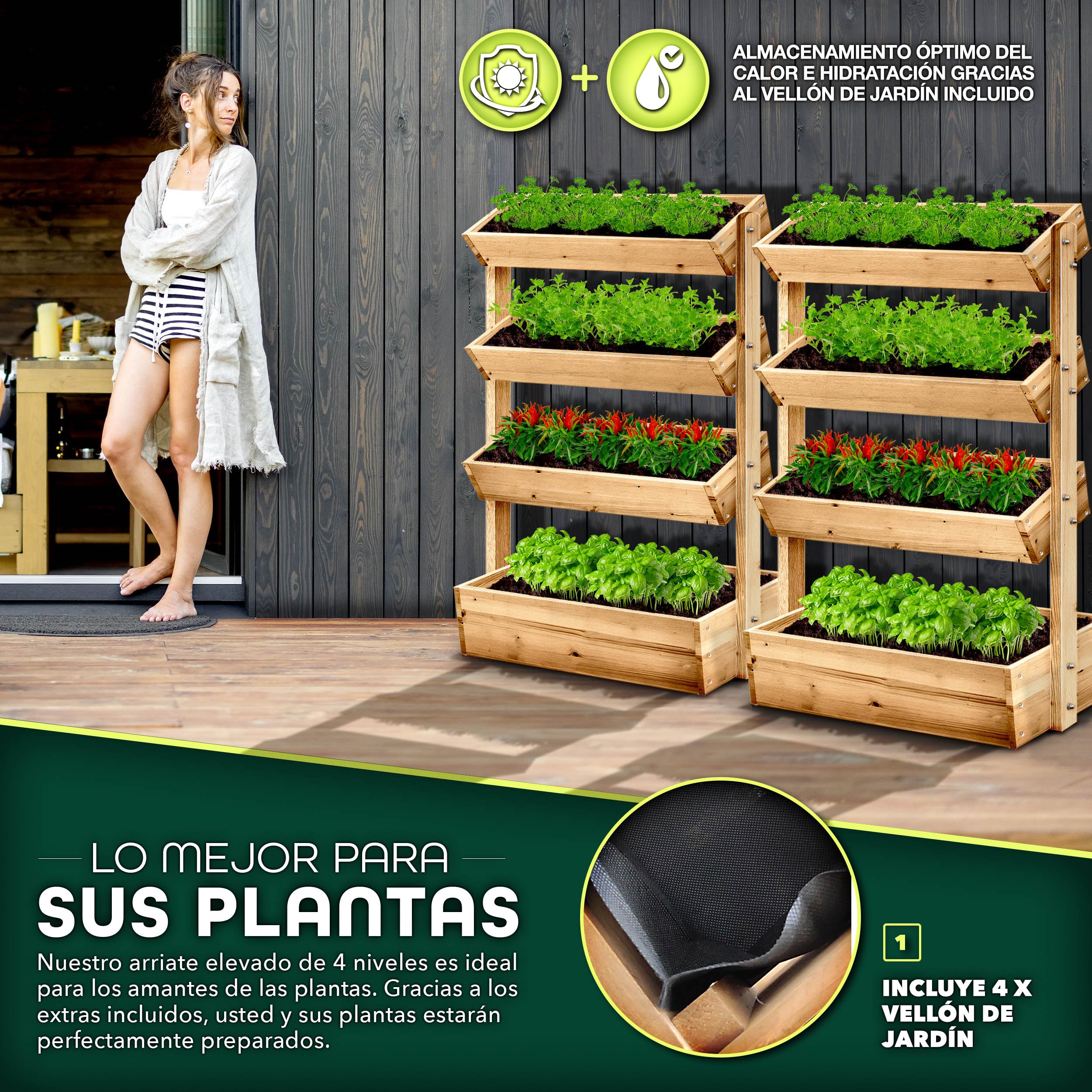 tillvex® Jardinera de madera con 4 niveles, jardinera premium fieltro para jardín, escalera para plantas, terraza, balcón y jardín, arriate Elevado de verduras, bancal de hierbas, semillero de flores