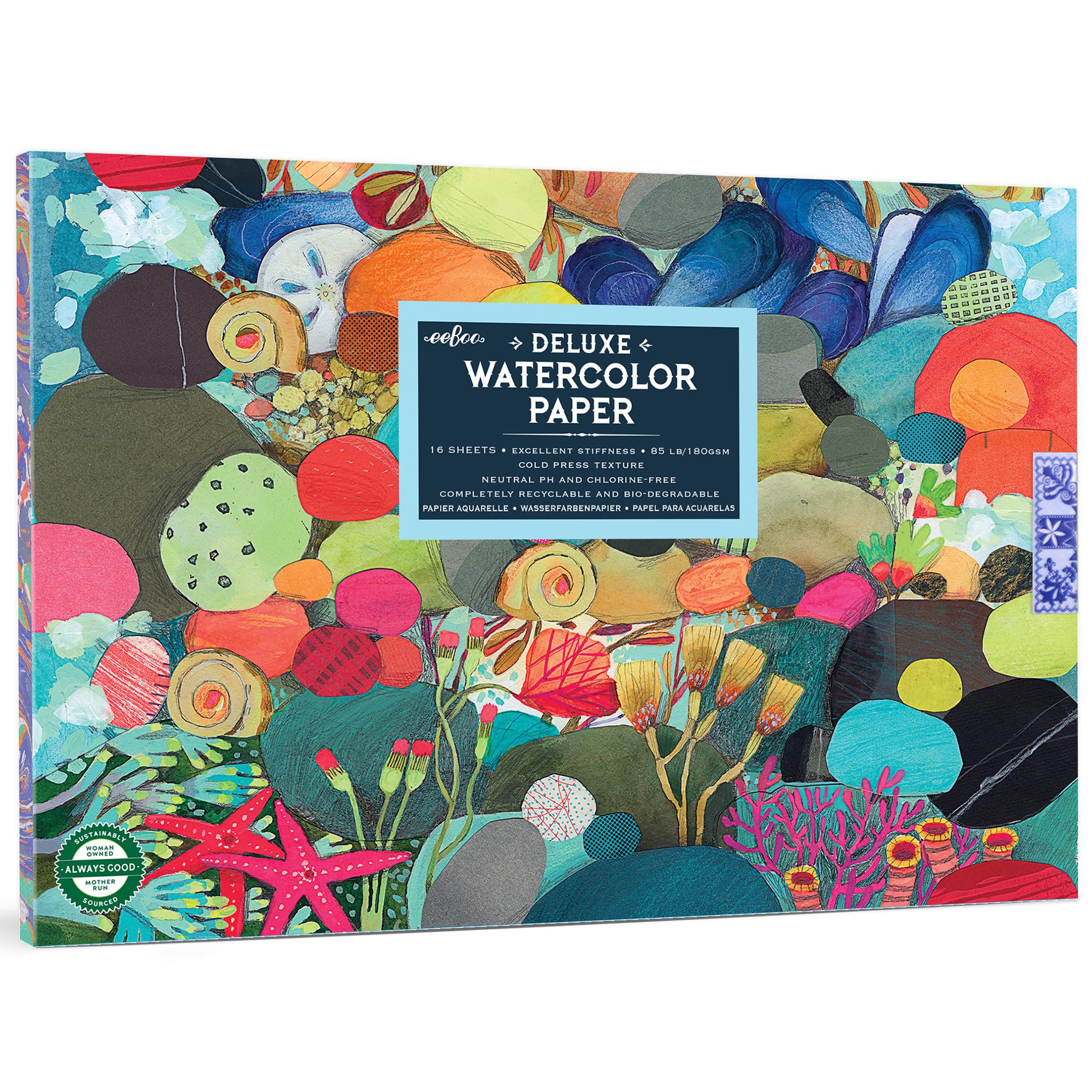 eeBoo Piece & Love: Tidepool Watercolor Pad - 16 Sheets, 85 lB Paper, 9.5 x 6.5 Book, Adults Arts & Crafts