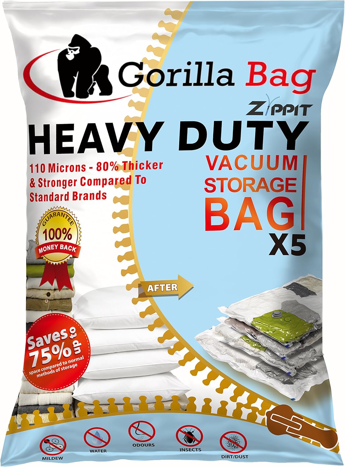 HEAVY DUTY 5 VACUUM STORAGE BAGS by Gorilla Bags, Extra Large 100x80cm
