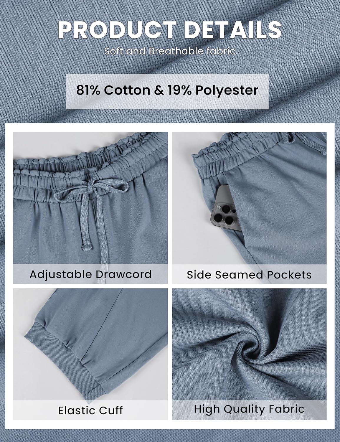 Tanming Womens Baggy Sweatpants Barrel Leg Trousers Elastic Waisted Drawstring Lounge Joggers Pants (Bluegrey-XL) - Image 5