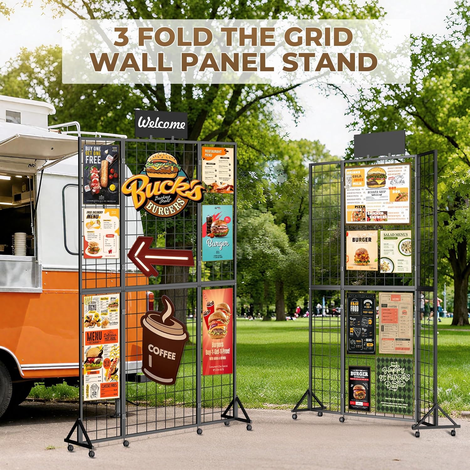 Foldable Grid Wall Panel, 6' x 4.25' Ft Gridwall Display Stand with Notice board, Heavy Duty Sturdy Floorstanding Wire Grid Display Rack, Movable Silent Wheel, Ideal for Retail & Art Craft Fairs