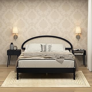 NTC Gem Wooden Bed Frame with Headboard and Natural Rattan, Solid Oak Foundation with Silent Slats, 1000 Lb Capacity, Effortless Assembly, Queen - Burnt Black