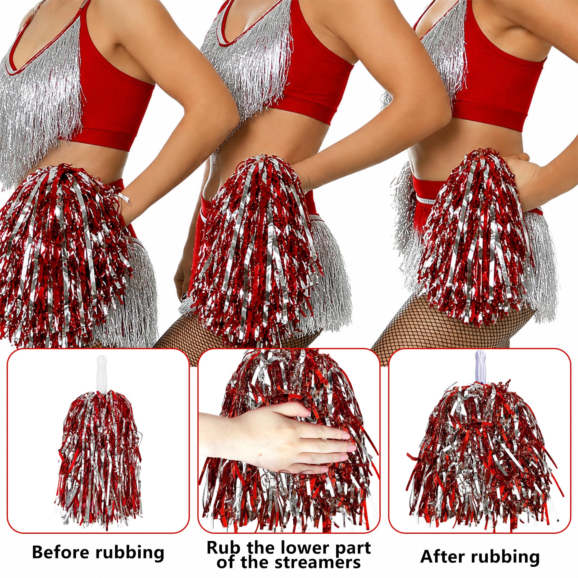 Lot de 80 pompons de pom-pom girl en plastique métallique pour football, basket-ball, sport, équipes, danse, fête, spectacle, célébration (rouge argent)
