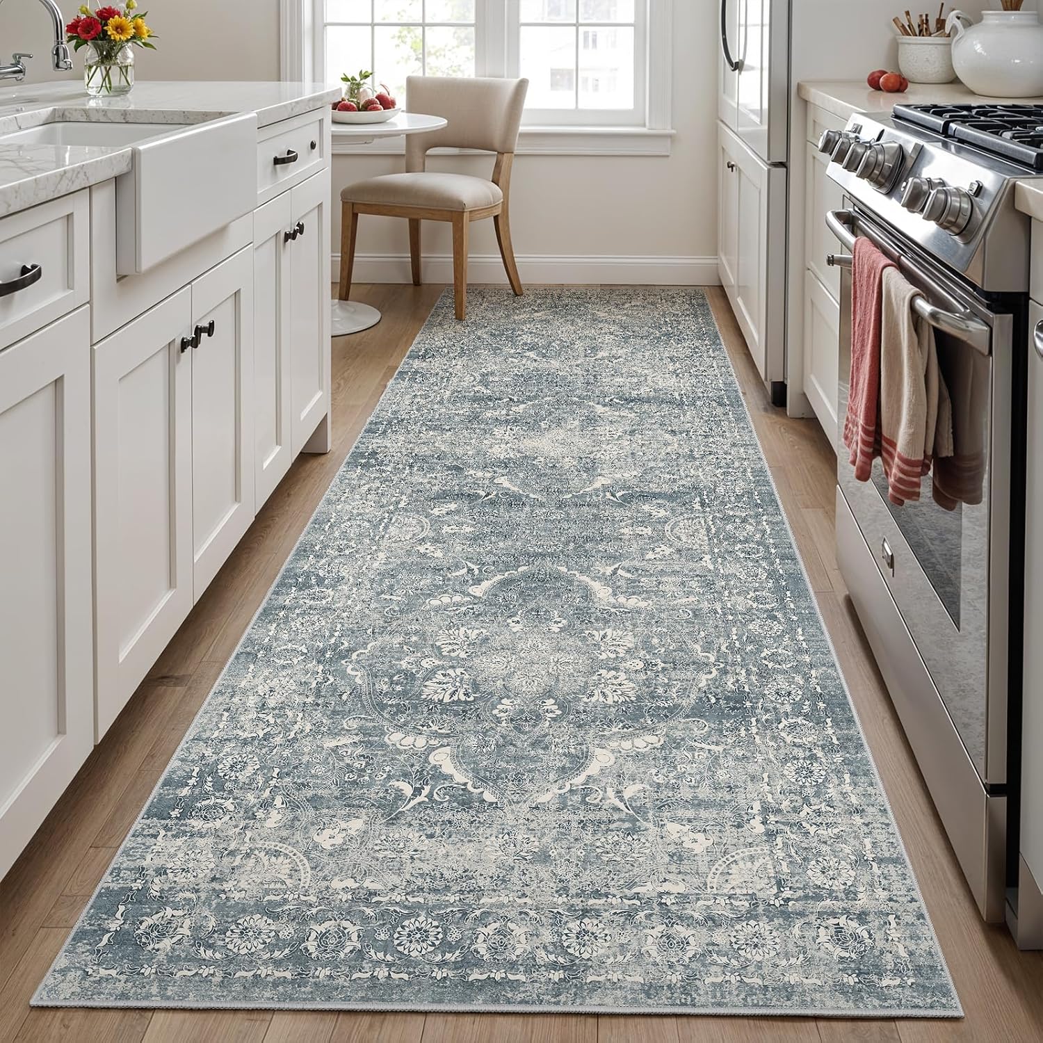 Hallway 3x10 Runner Rug - Vintage Non-Slip Long Rug for Entryway Low-Pile Washable Medallion Runner Rugs for Hallway Waterproof Traditional Runner Rug Indoor Thin Rug for Kitchen (Blue)