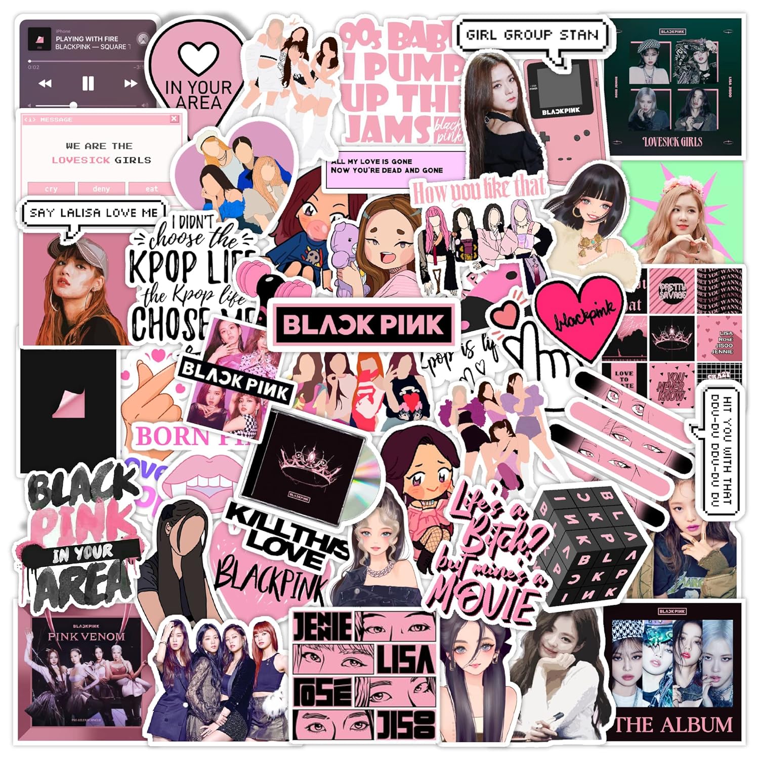 CodersParadise Pack of 59 Black Pink KPop Vinyl Stickers for Laptop