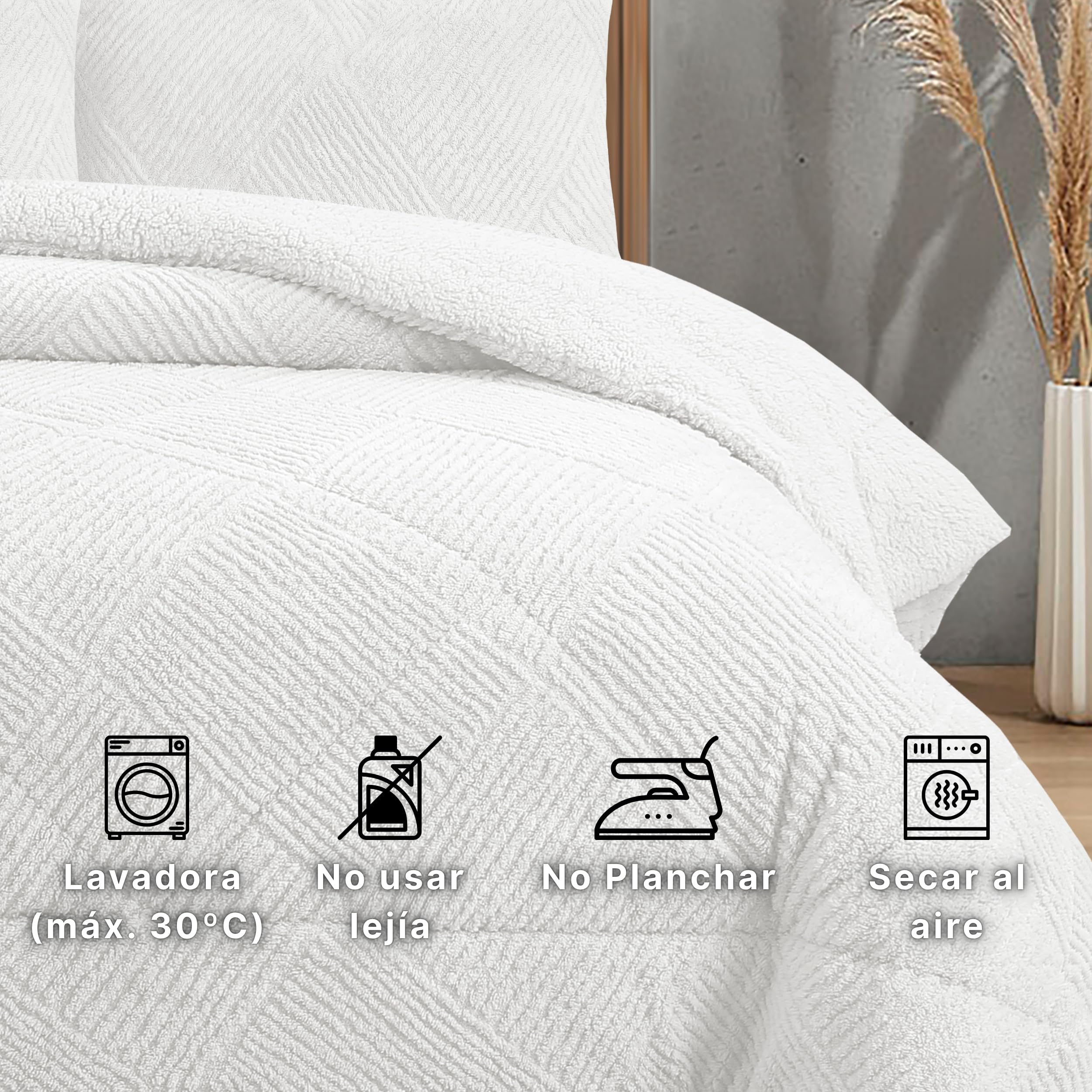 NH NOVOTEXTIL HOGAR Edredón Invierno Sherpa Cama 150 (250x260) Extra Grueso 560gr/m2 Efecto Borreguito - Edredón Suave, Cálido y Transpirable con 2 Fundas Almohada (50x70) (Belfast Blanco)
