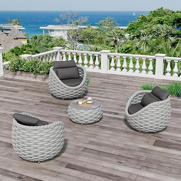 4 Pieces Courtyard Seating Set Aluminum Woven Rope Patio Furniture Chair Set - All Weather Metal Outdoor Conversation Set - Assembled Armchair w/Table for Bistro Deck Porch Balcony Pool Hotel