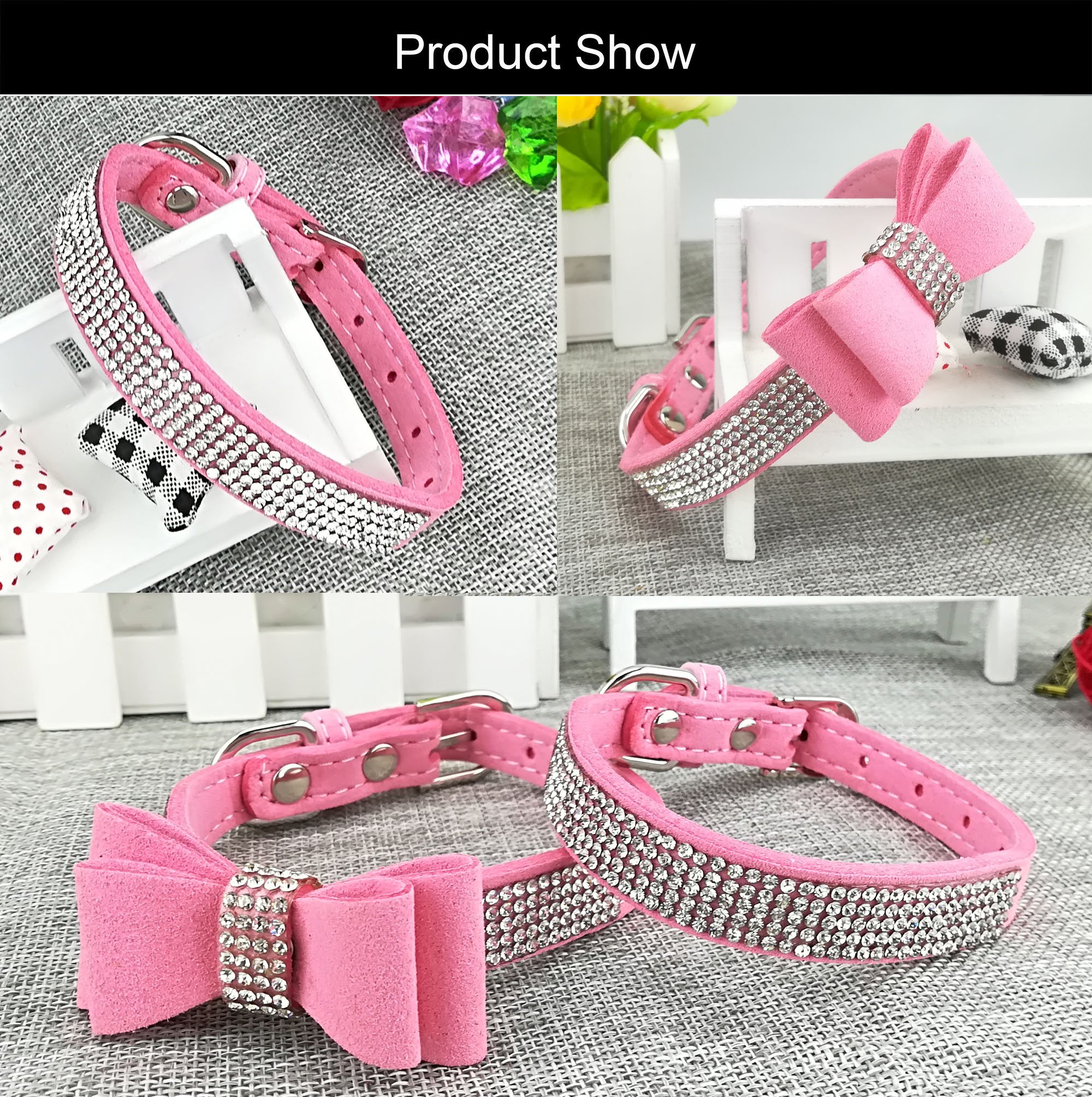 Newtensina 3-teiliges Hundehalsband & Leinen-Set – Wildleder Mit Fliege, Für Kleine Hunde & Katzen, Pink