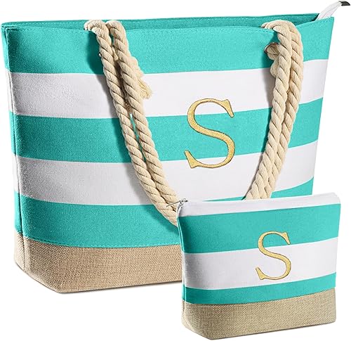 YOOLIFE Bolsa de playa impermeable con inicial, bolsa de maquillaje, bolsillo con cremallera, regalos de cumpleaños personalizados para mujeres y