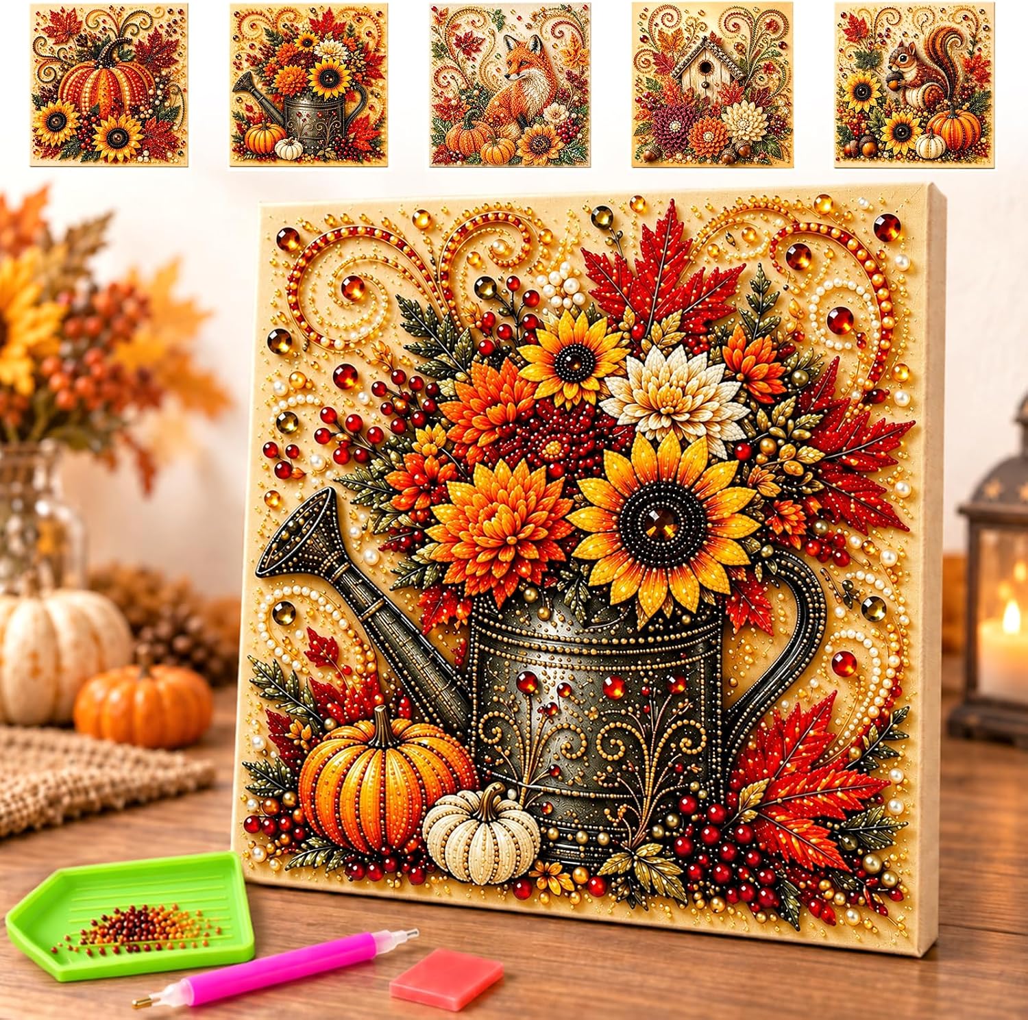 Autumn Pearl Painting Kit with Frame, 5D Pumpkin Pearl Art Craft for Adult, Woodland Animal Pearl Art DIY Kits, Beginner-Friendly Craft, Thanksgiving Harvest Home Wall Decor，Floral Watering Can