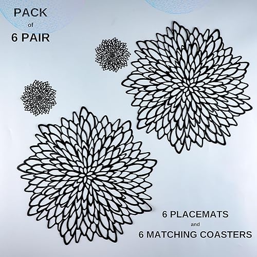 Miniatura 2 de Pares de 6 manteles individuales y posavasos negros, 12 piezas a juego lavables de vinilo prensado cortado con láser, tapetes redondos florales para