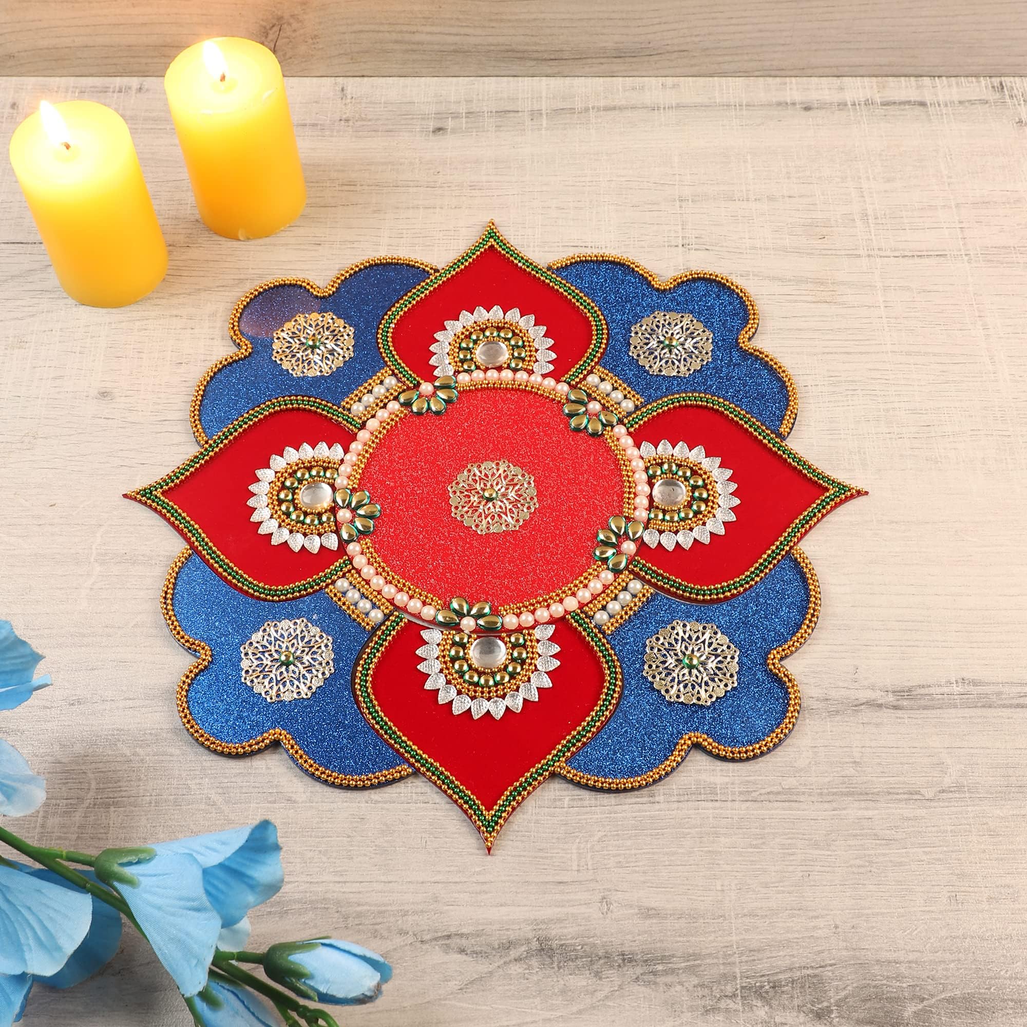 Itiha Blue Diamond Rangoli Indian Decor for Wall, Floor & Table Decoration for Christmas and Diwali - 9 Piece Handmade(14 inches)