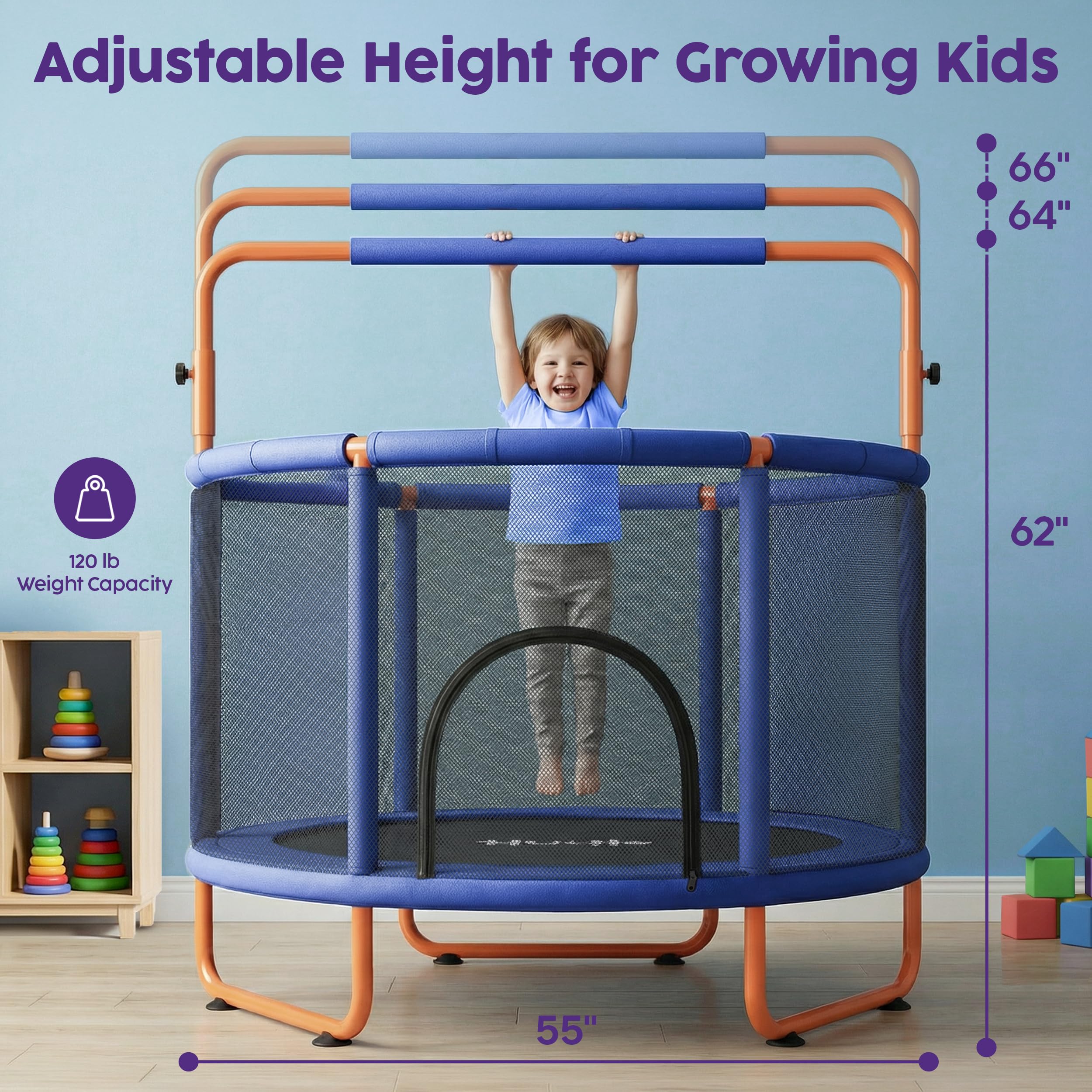 Hurtle trampolina 55" dla dzieci z siatką bezpieczeństwa – udźwig 440 lbs, do użytku wewnątrz i na zewnątrz dla maluchów z regulowanym drążkiem gimnastycznym, huśtawką, workiem bokserskim i kółkami
