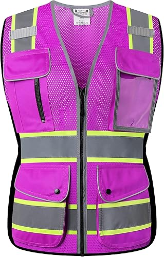 HATAUNKI Chalecos de seguridad de malla pĂşrpura reflectante de alta visibilidad con 9 bolsillos y cremallera frontal, chaleco de seguridad de alta HATAUNKI Chalecos de seguridad de malla pĂşrpura reflectante de alta visibilidad con 9 bolsillos y cremallera frontal, chaleco de seguridad de alta