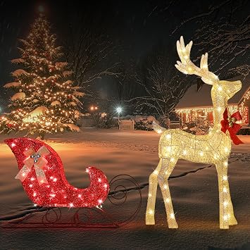 Clearance Outdoor Christmas Gold Reindeer Decorations Lighted 4Ft 3D Reindeer & Sleigh Christmas Decoration Set with 160 LED Lights, Festive Yard Outside Deer Decor for Lawn & Holiday Display
