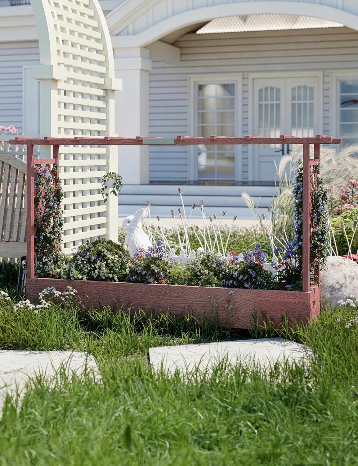 GarveeHome Elevated Wooden Garden Bed with Trellis - 45 in Planter Box with Side Supports, Canopy, and Drainage Holes – Perfect for Climbing Plants, Vines, and Blossoms