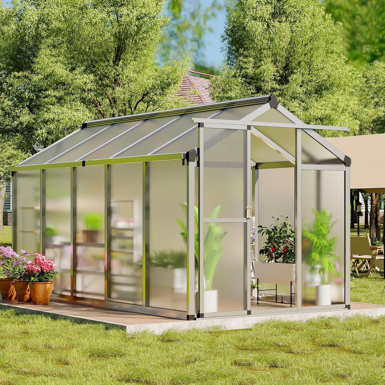Greenhouse, 6x10 FT Greenhouse for Outdoors, Walk-in Green House with Ground Nails and Vent Windows, Sliding Lockable Door, Polycarbonate Greenhouses for Outside Garden Backyard, Quick Setup, Silver