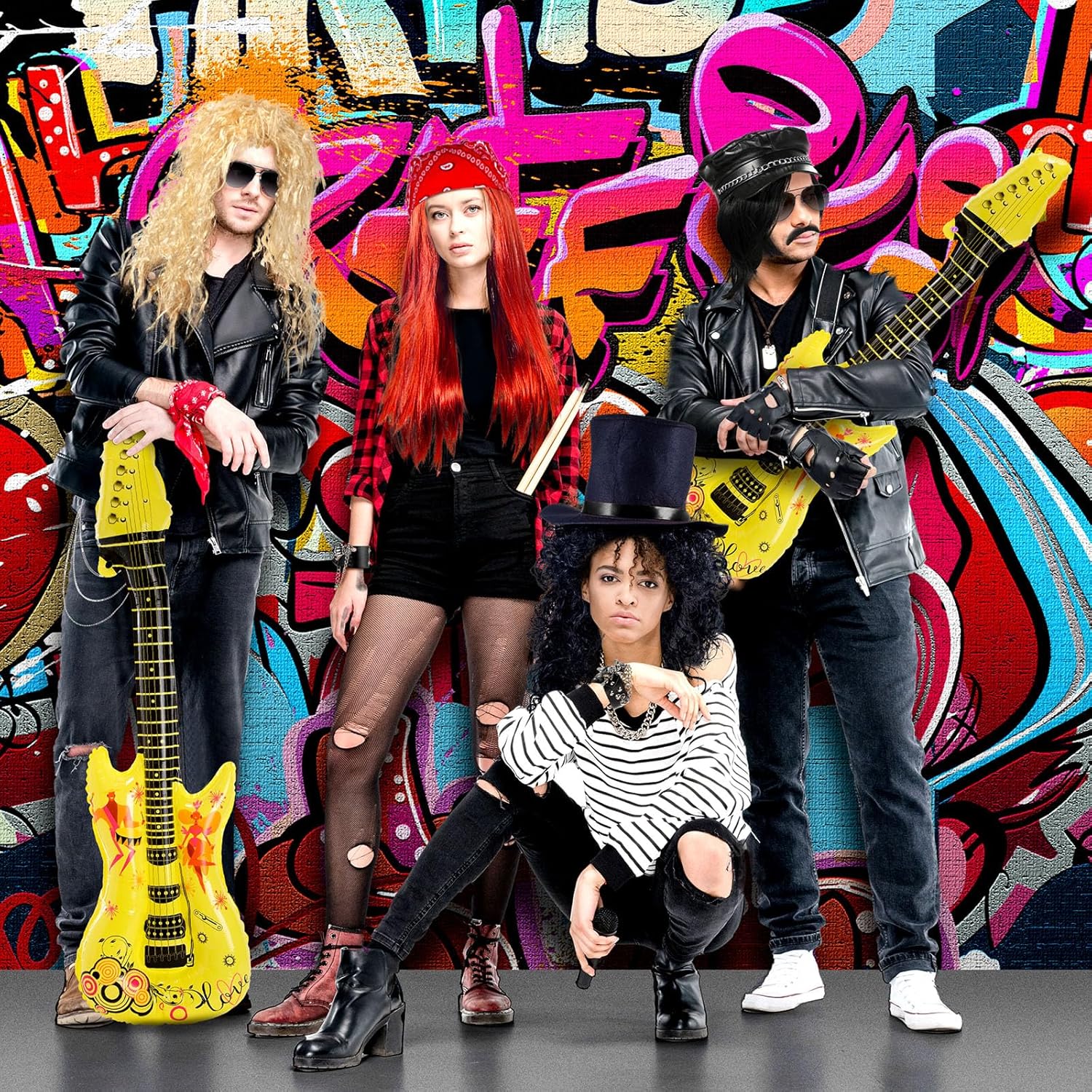 Mepase 26 Pcs Halloween Rock Star 80s Costumes for Men Women, Include 4 Rocker Wigs 3 Spike Studded Leather Bracelet 8 Tattoo Sleeves 4 Sunglasses Studded Gloves Bandana Felt Top Hat Inflatable Guitar
