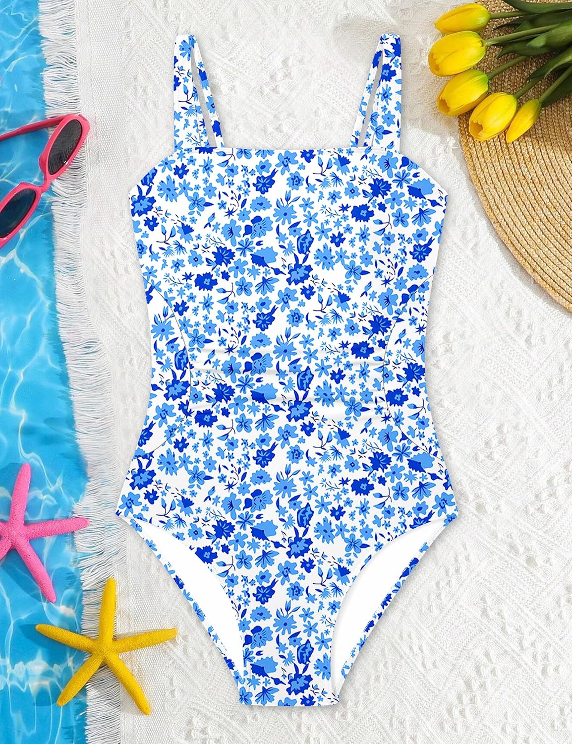 Girls One Piece Swimsuit Bow Back Girls Bathing Suit Adjustable Straps Quick Dry Girl Swimwear 9-16T Swim Suit