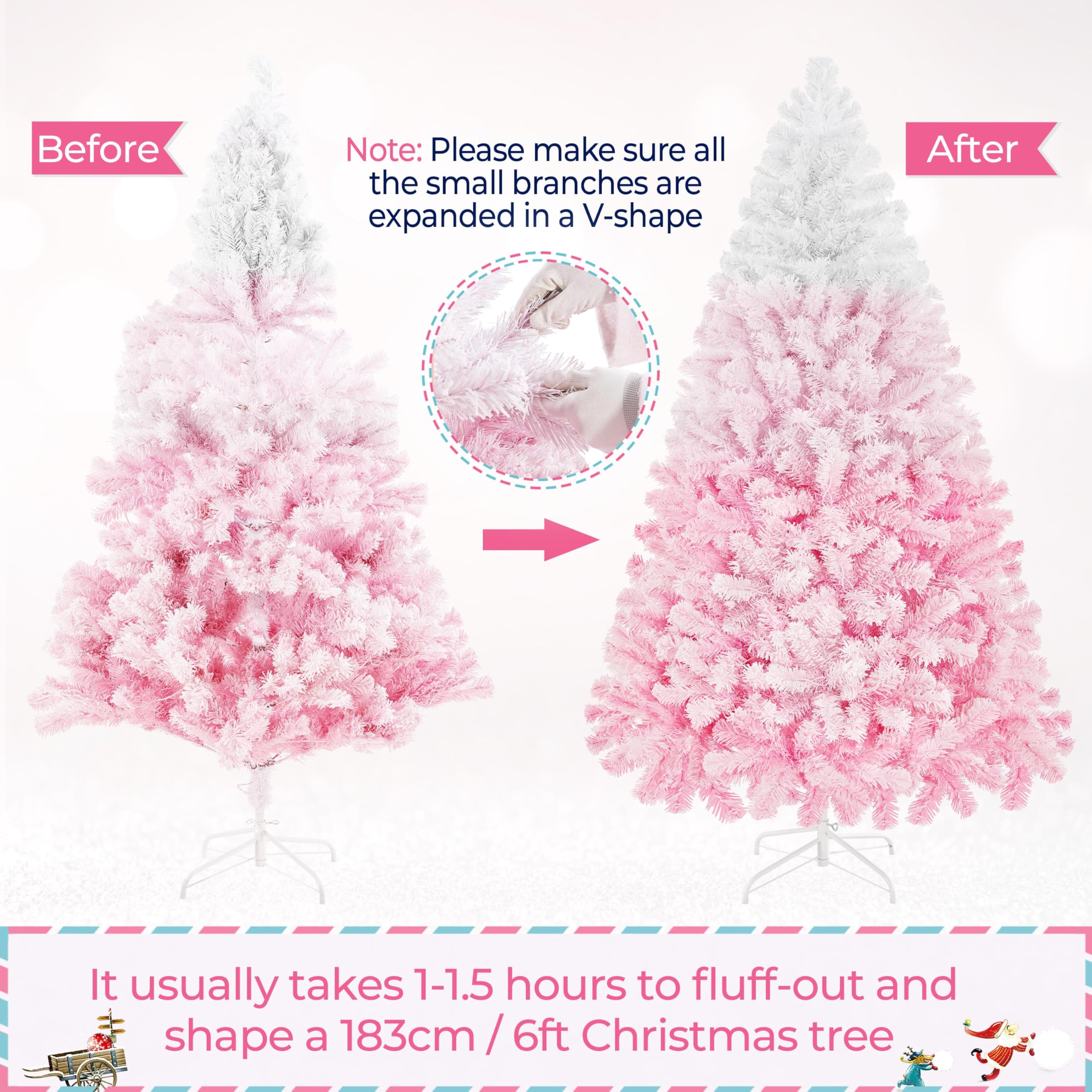 Yaheetech 6ft Pre-lit Artificial Christmas Tree with 250 Incandescent Warm White Lights, Snow Flocked Full Prelighted Xmas Tree with 820 Branch Tips & Foldable Stand, Pink Gradient