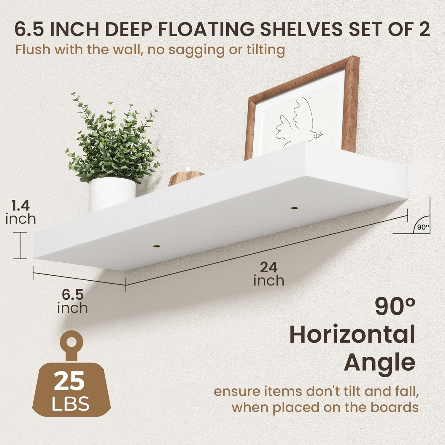 FLYJOE 24 Inch Floating Shelves | 6.5 Inch Deep White Floating Shelves Set of 2 | 24" W x 6.5" D Rustic White Wood Wall Shelves with Invisible Brackets for Bathroom Living Room Bedroom