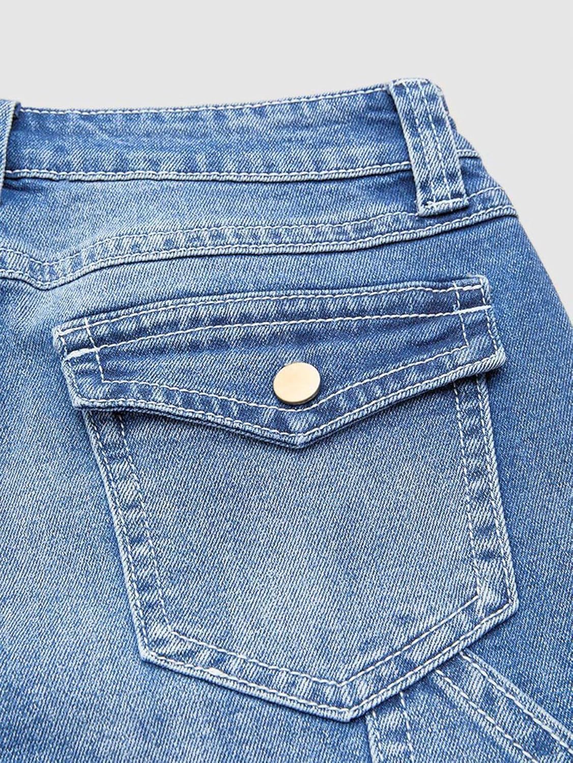 Women's Mid Rise Straight Leg Jeans, Light Blue Denim, Multi Pocket Baggy Boyfriend Style, Stretchy Casual Wear