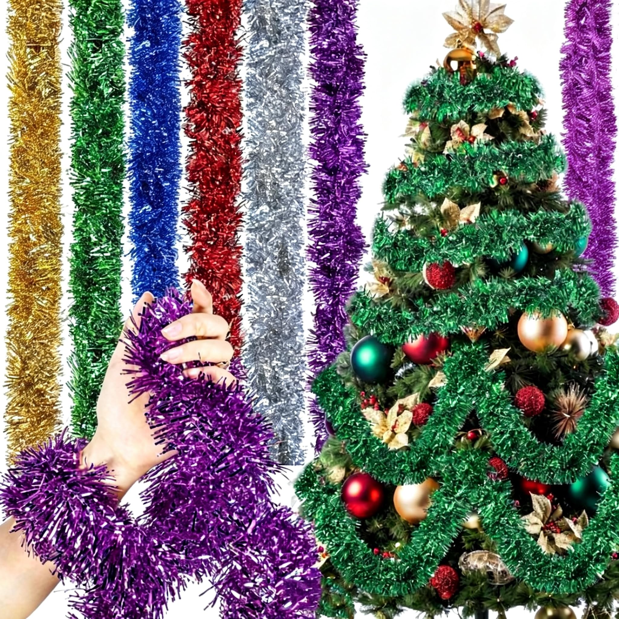 Zhiyu 7 Colors Christmas Tinsel Garland, Thick Fluffy Hanging Xmas Tinsel, 2 Meters Per Strand, Multicoloured Tinsel Decorations for Christmas Tree, Fireplace, Stair, Indoor Outdoor New Year Party