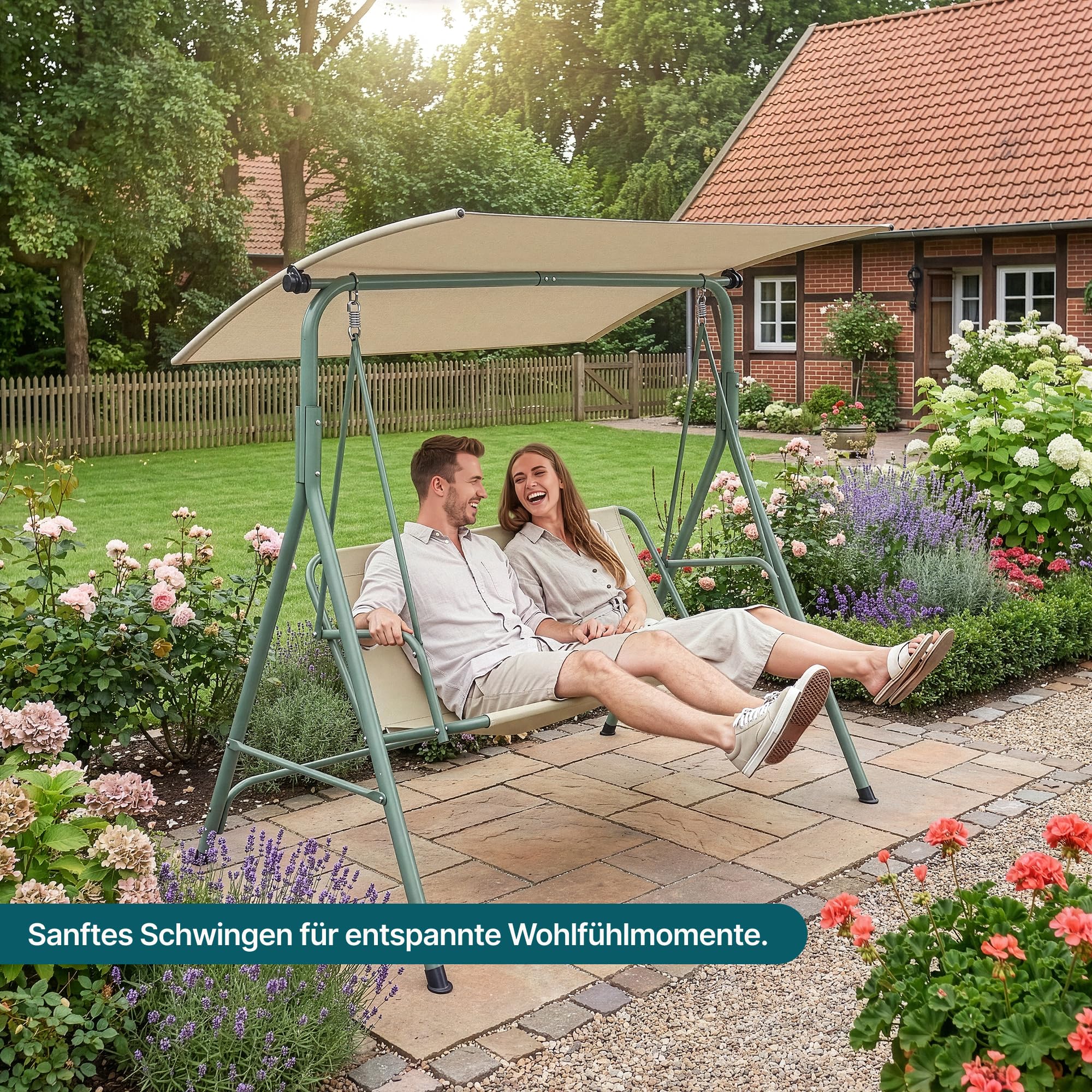 [en.casa] Hollywoodschaukel 3 Sitzer Satten Gartenschaukel Outdoor mit Gestell max. 220 kg mit Dach wetterfest Schaukelbank Balkon 173 x 119 x 153 cm Hellgrün/Beige