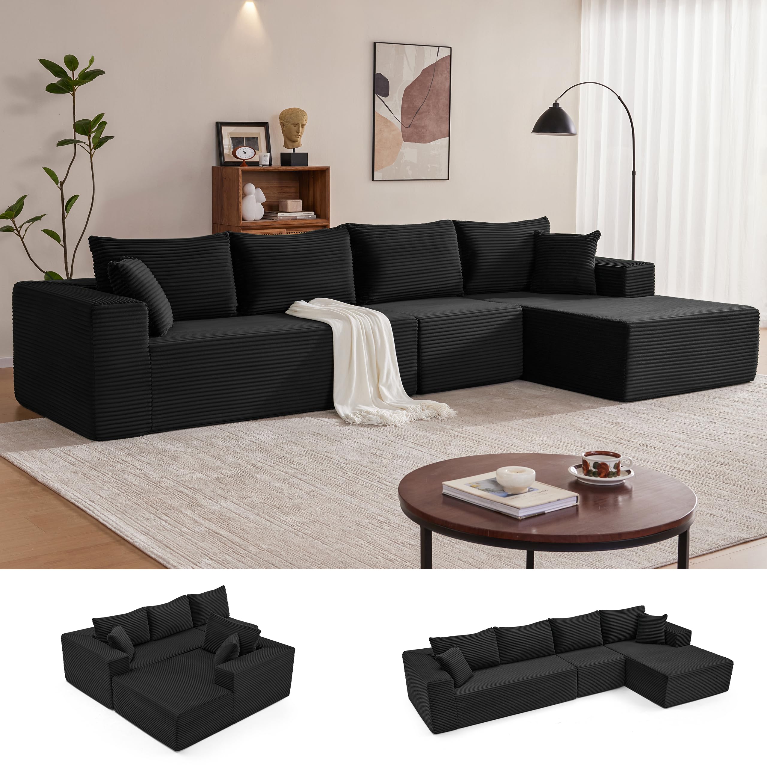 Mangodan 140” Cloud Sectional Couch, Boneless Sofa for Living Room, Modular Sectional Sofa with Deep Seat, Comfy Fluffy L-Shaped Couch with Right-Facing Chaise, No Assembly Required, Black