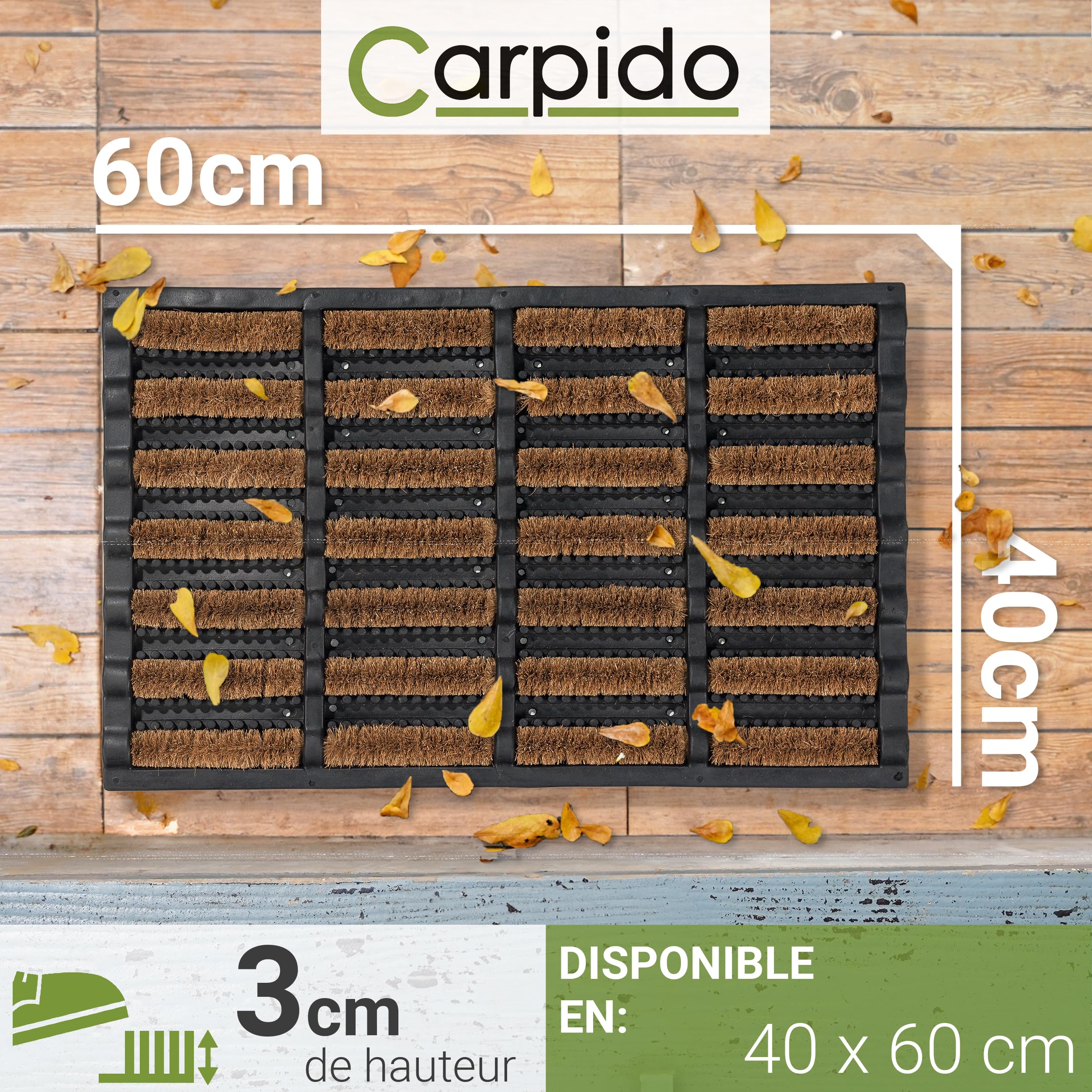 Carpido Paillasson antidérapant - Tapis de Porte en Caoutchouc & Coco - Lignes 40x60 cm Lot de 2 - Résistant aux intempéries et Robuste