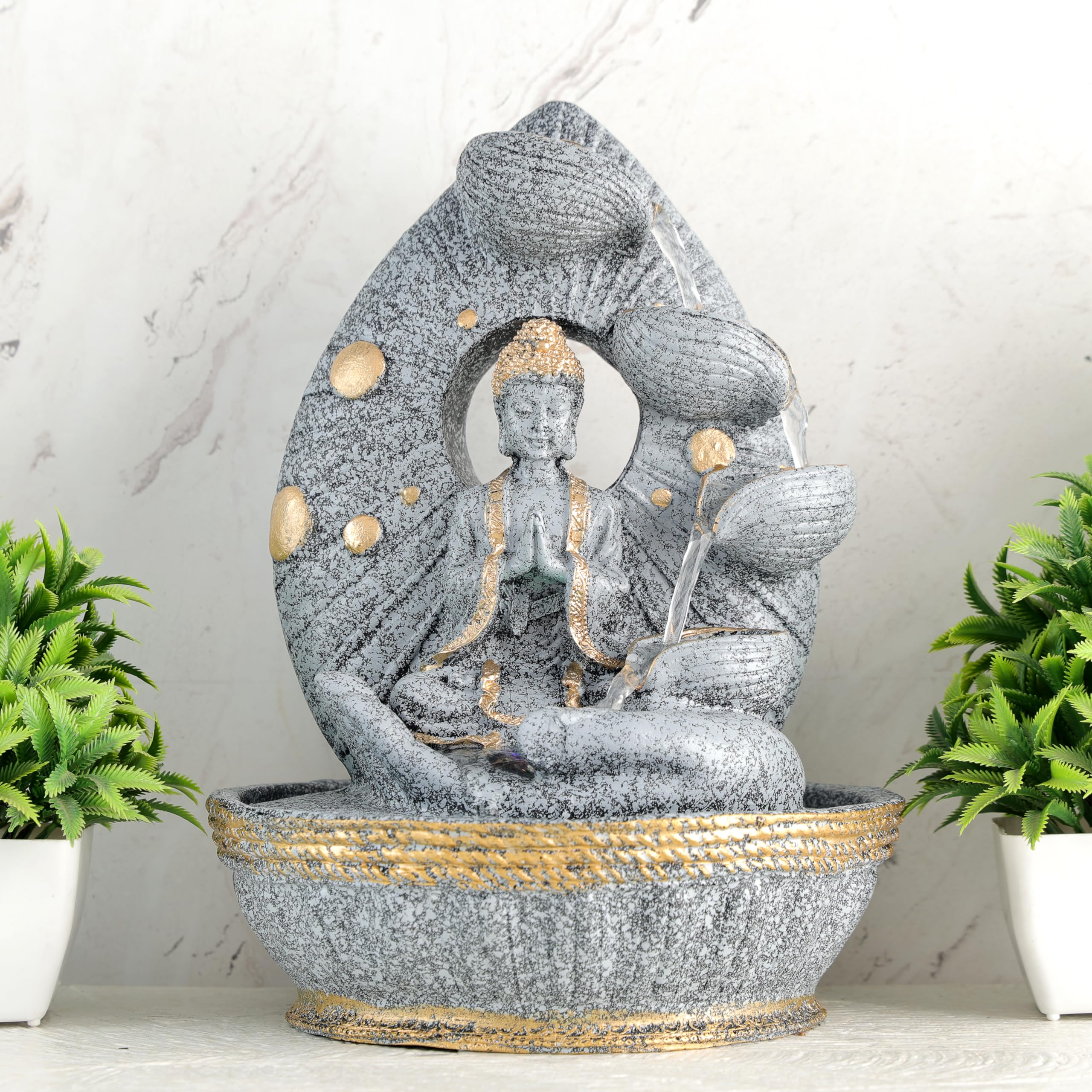 Global Grabbers Polyresin Table Top Indoor Outdoor Water Fall Fountain with LED Lights Home Decor Decoration Gift Gifting Items-STN_GRY-SF47